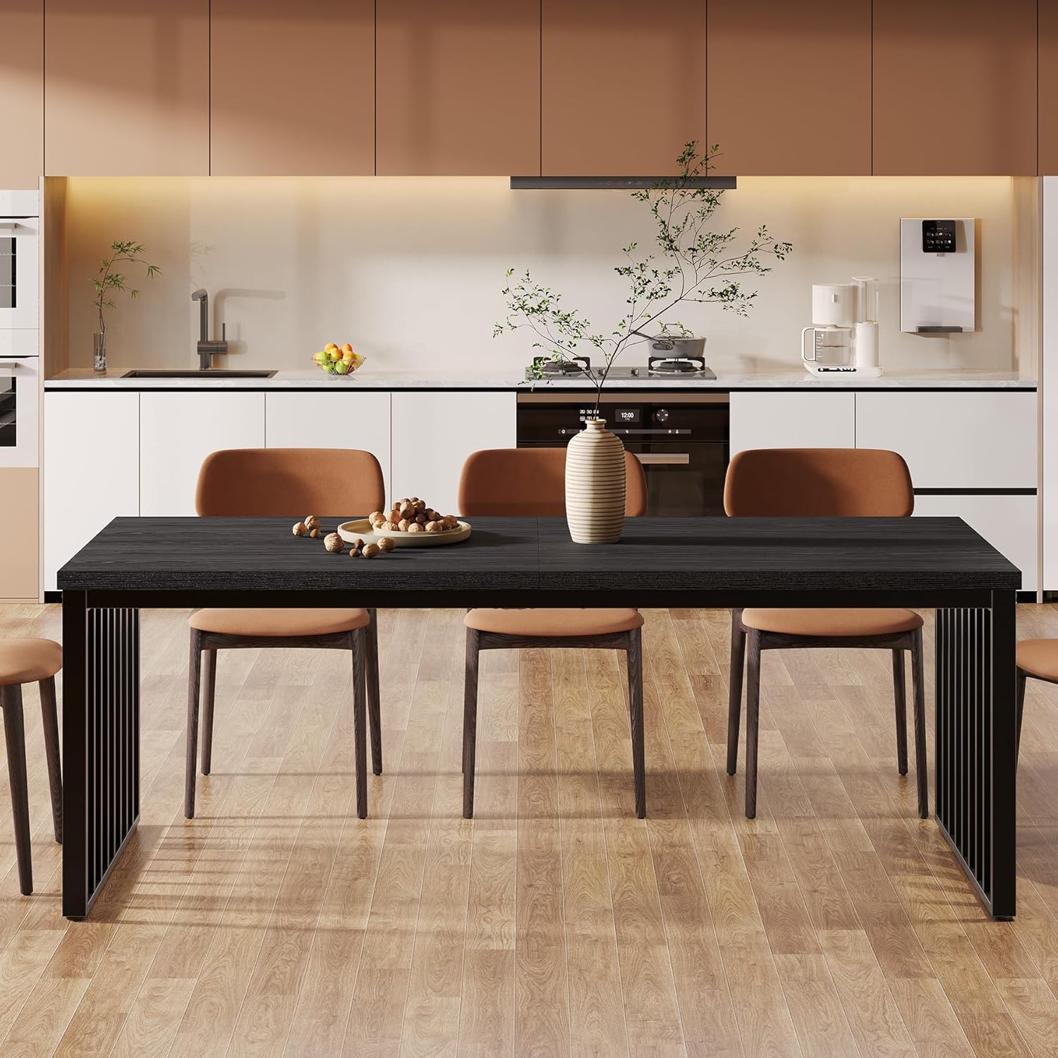 Modern Industrial Dining Table for 8, 71" Long Farmhouse Kitchen Table with Metal Frame