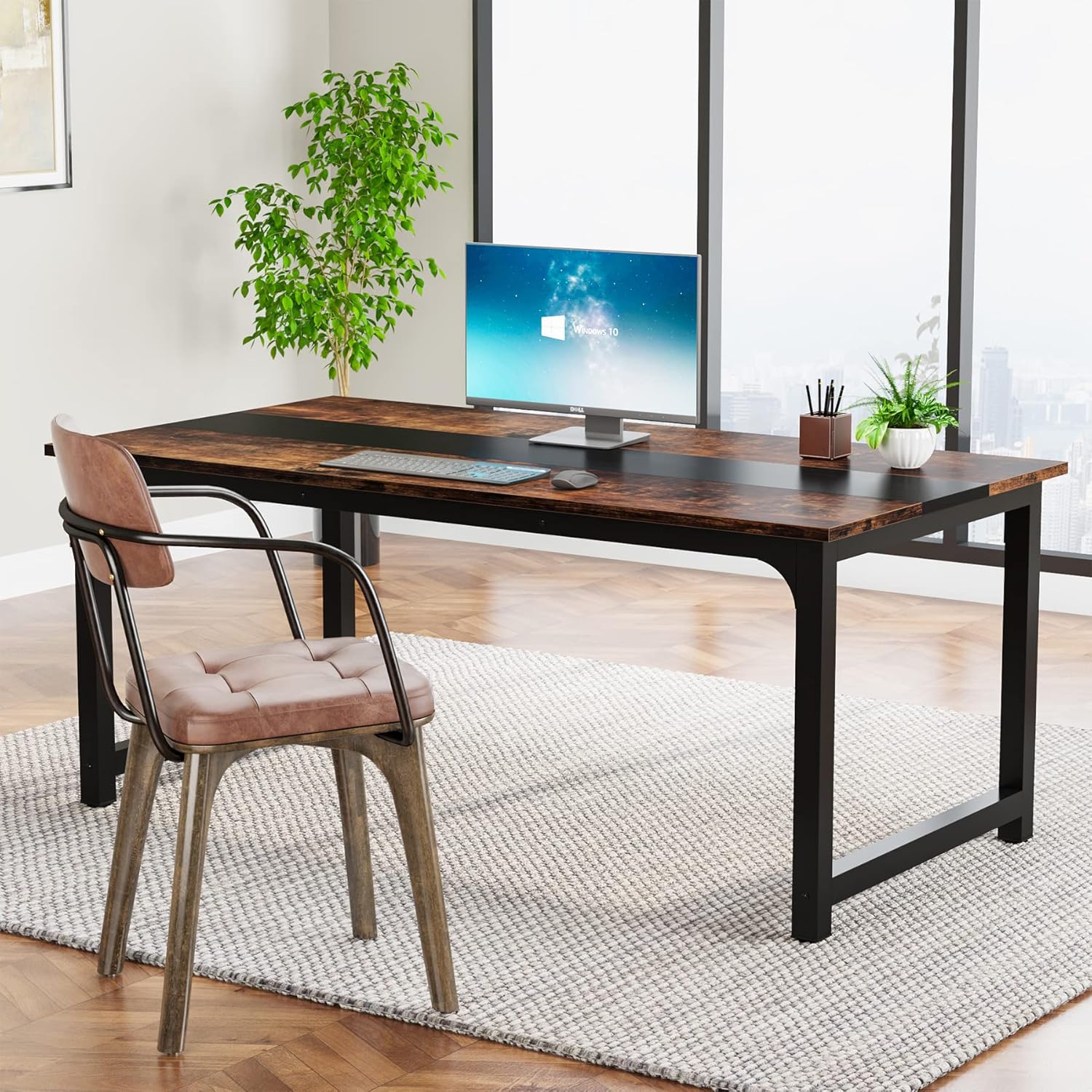 Modern Large Desk, 63 x 31.5 Inch Office Writing Workstation in Rustic and Black