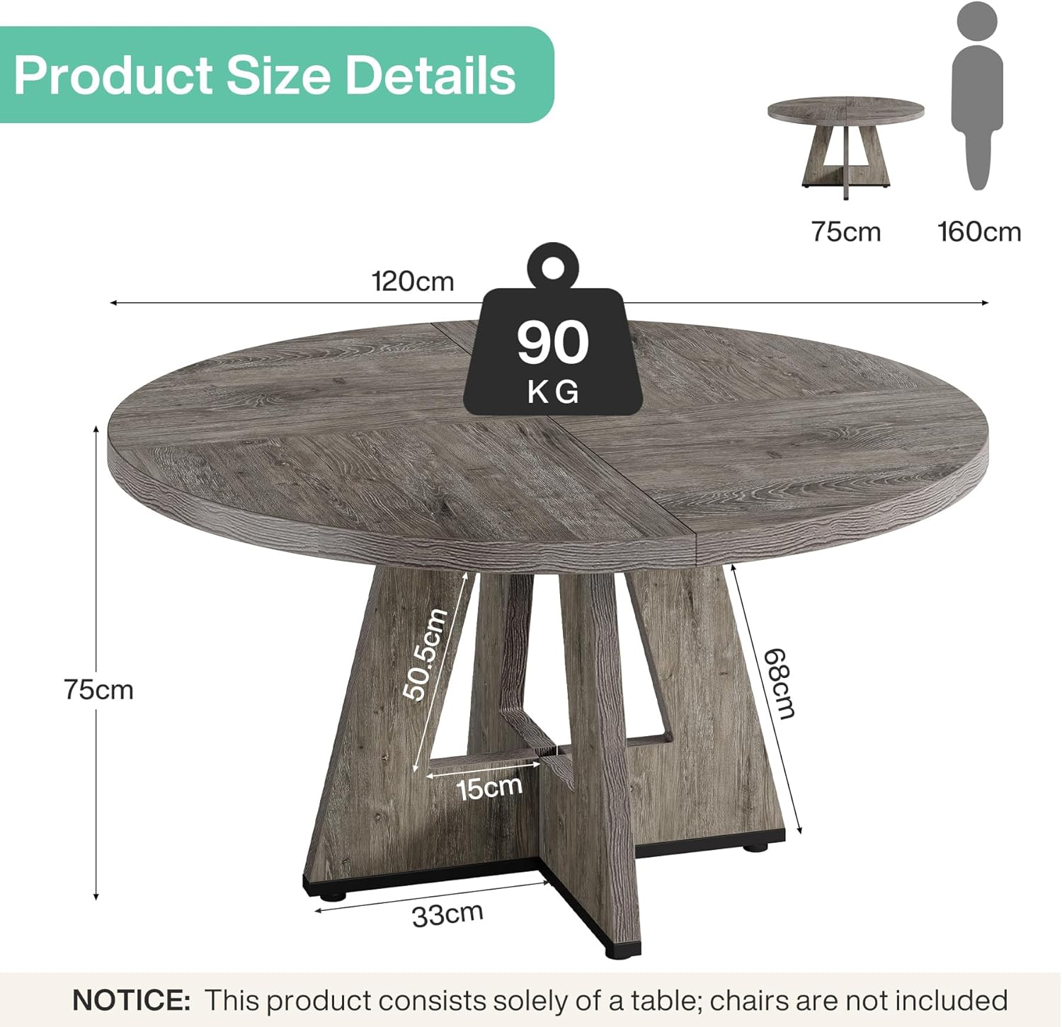 47-Inch Round Dining Table - Wood Kitchen Table for Dining Room and Living Room