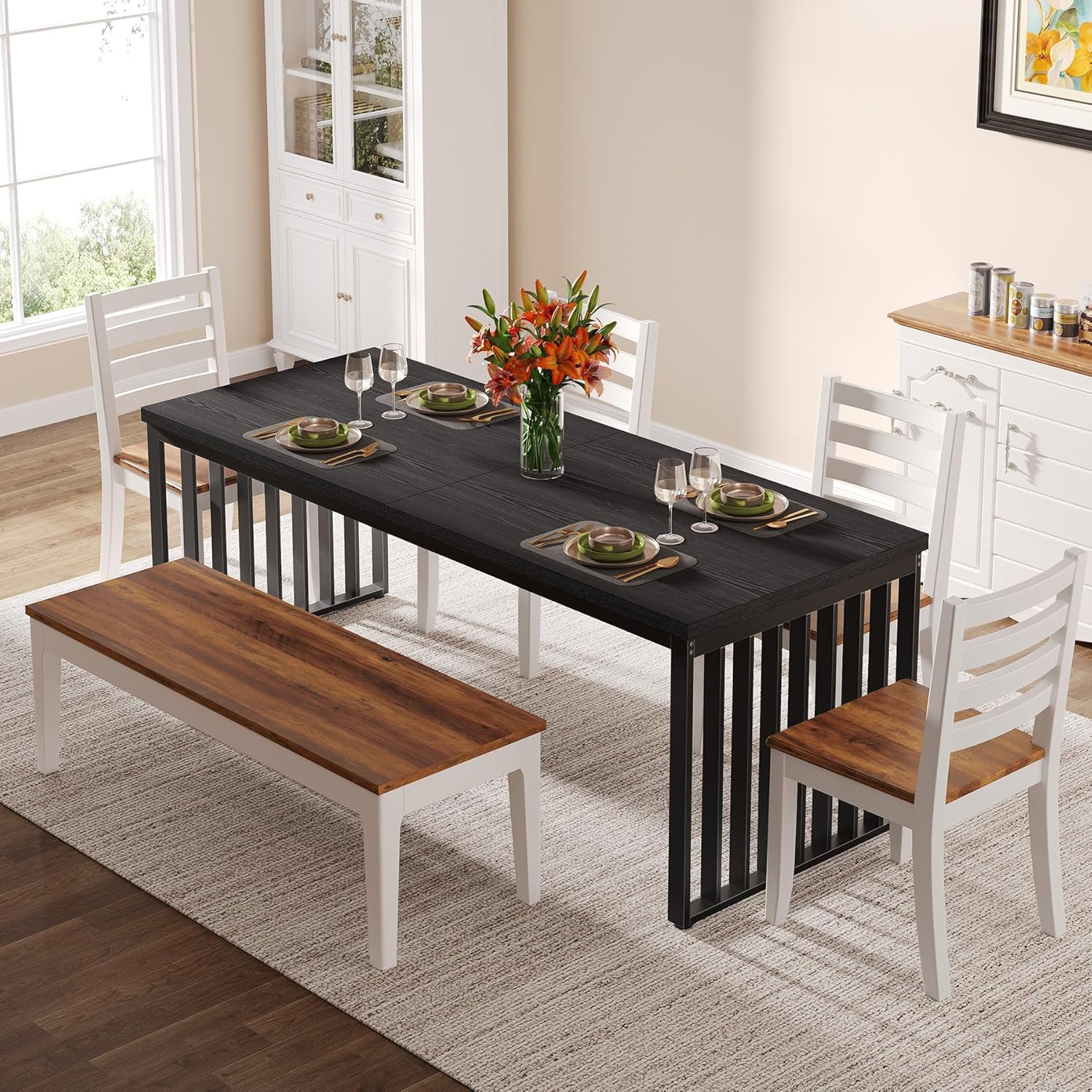 Modern Industrial Dining Table for 8, 71" Long Farmhouse Kitchen Table with Metal Frame