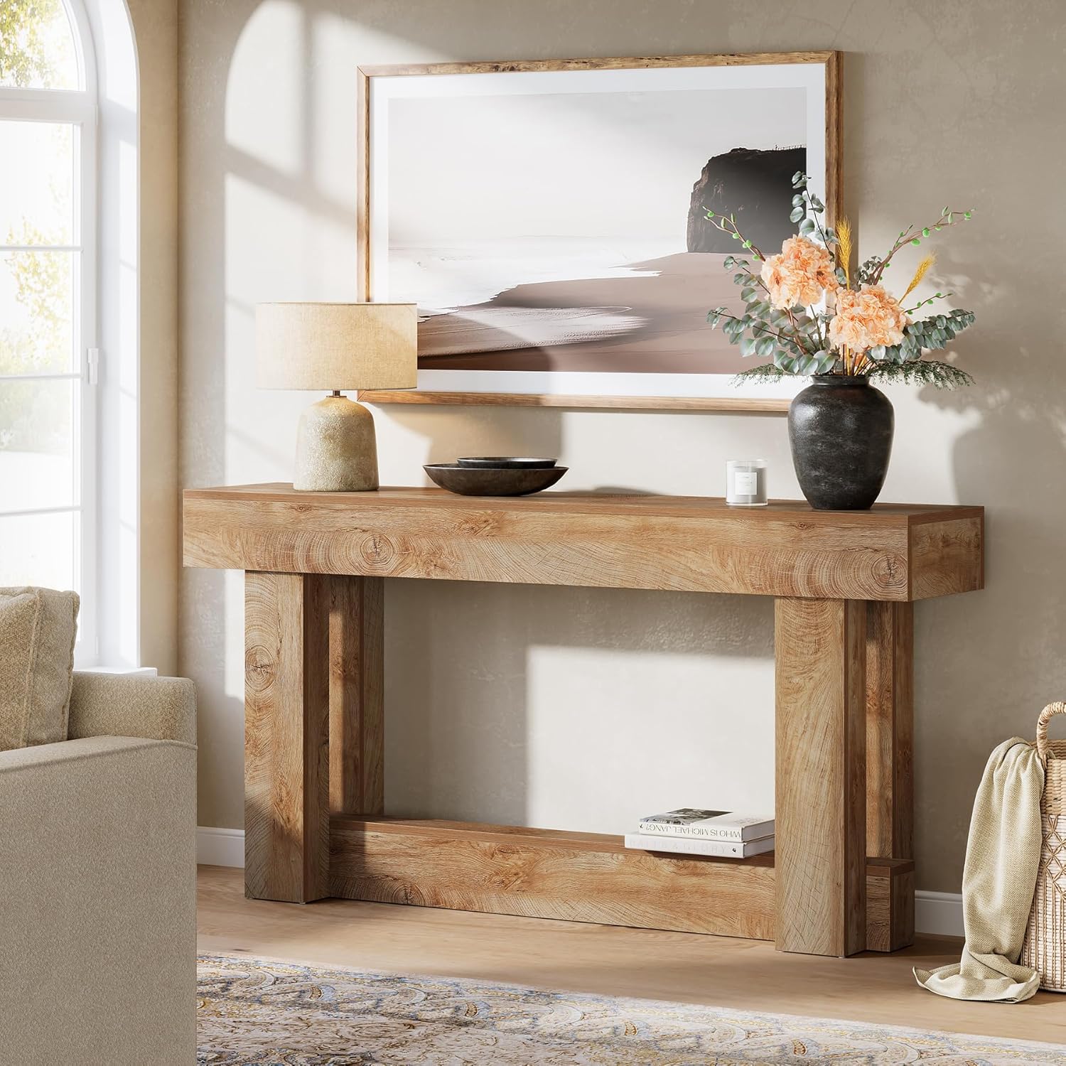 62.99 Inch Wood Console Table, 2-Tier Narrow Long Farmhouse Entryway Table