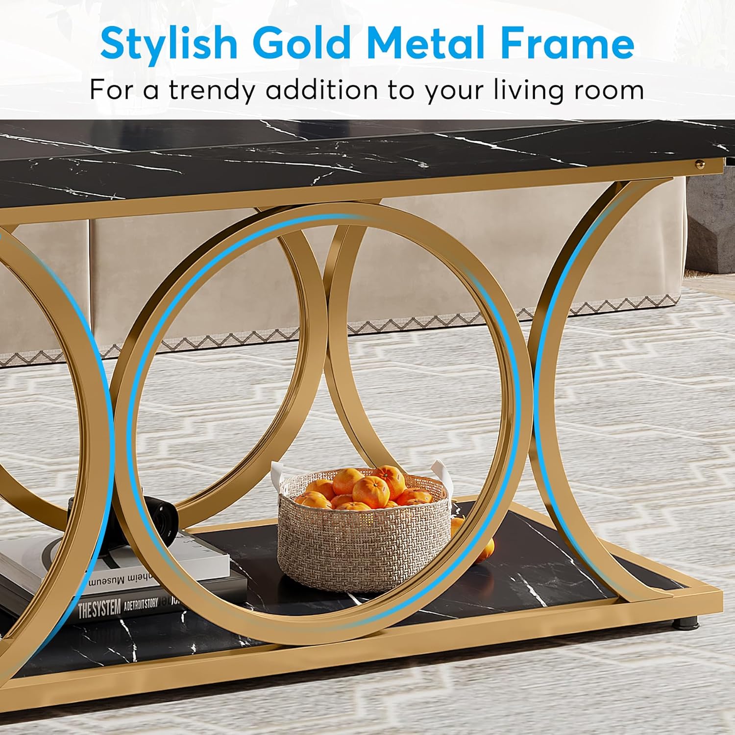 Rectangle Coffee Table, 47.24" Center Table with Faux Marble Top