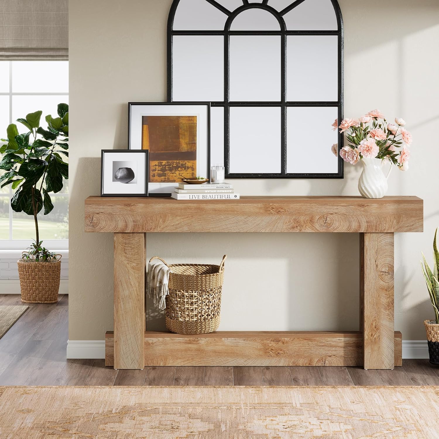 62.99 Inch Wood Console Table, 2-Tier Narrow Long Farmhouse Entryway Table