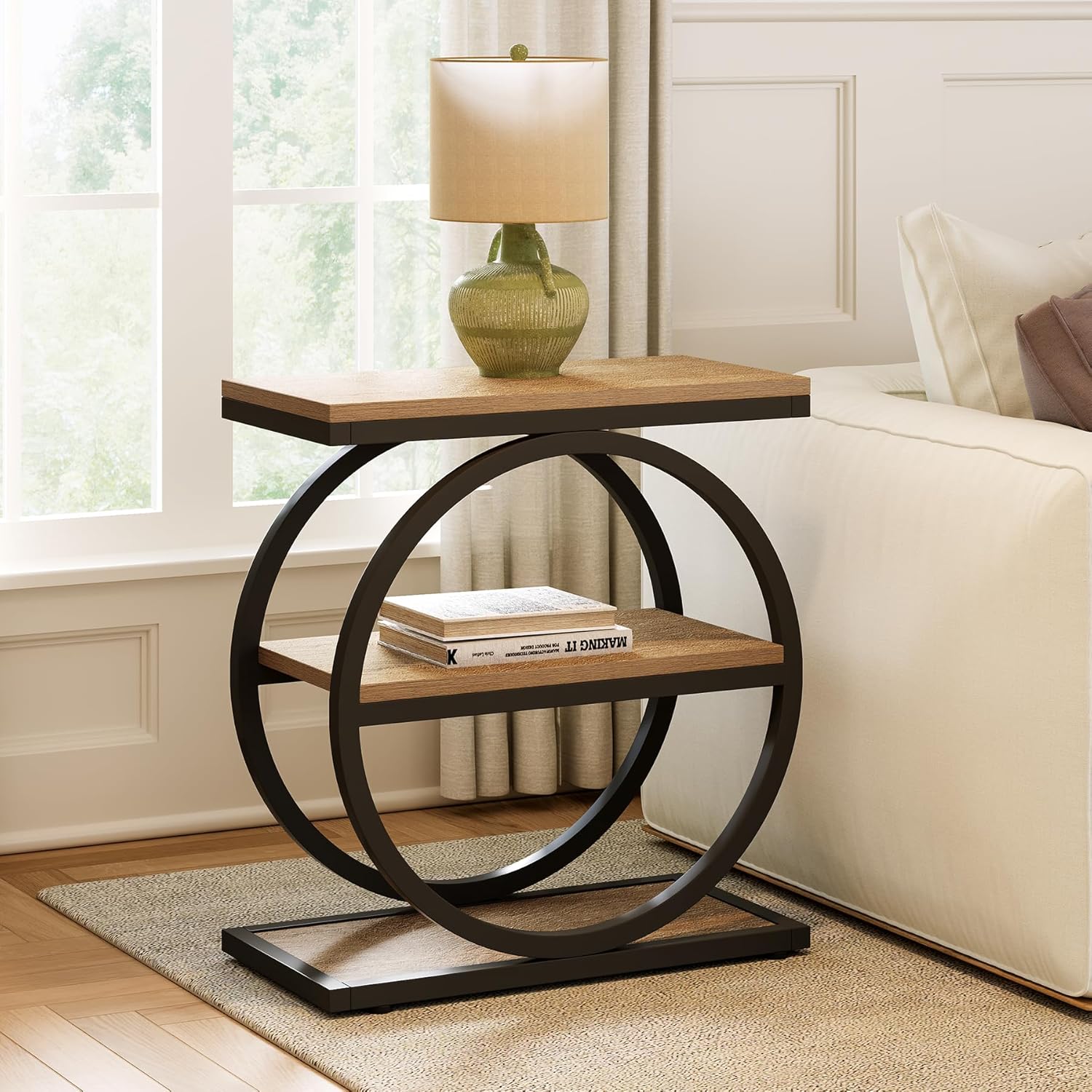 3-Tier End Table, Industrial Sofa Side Table with Round Metal Frame