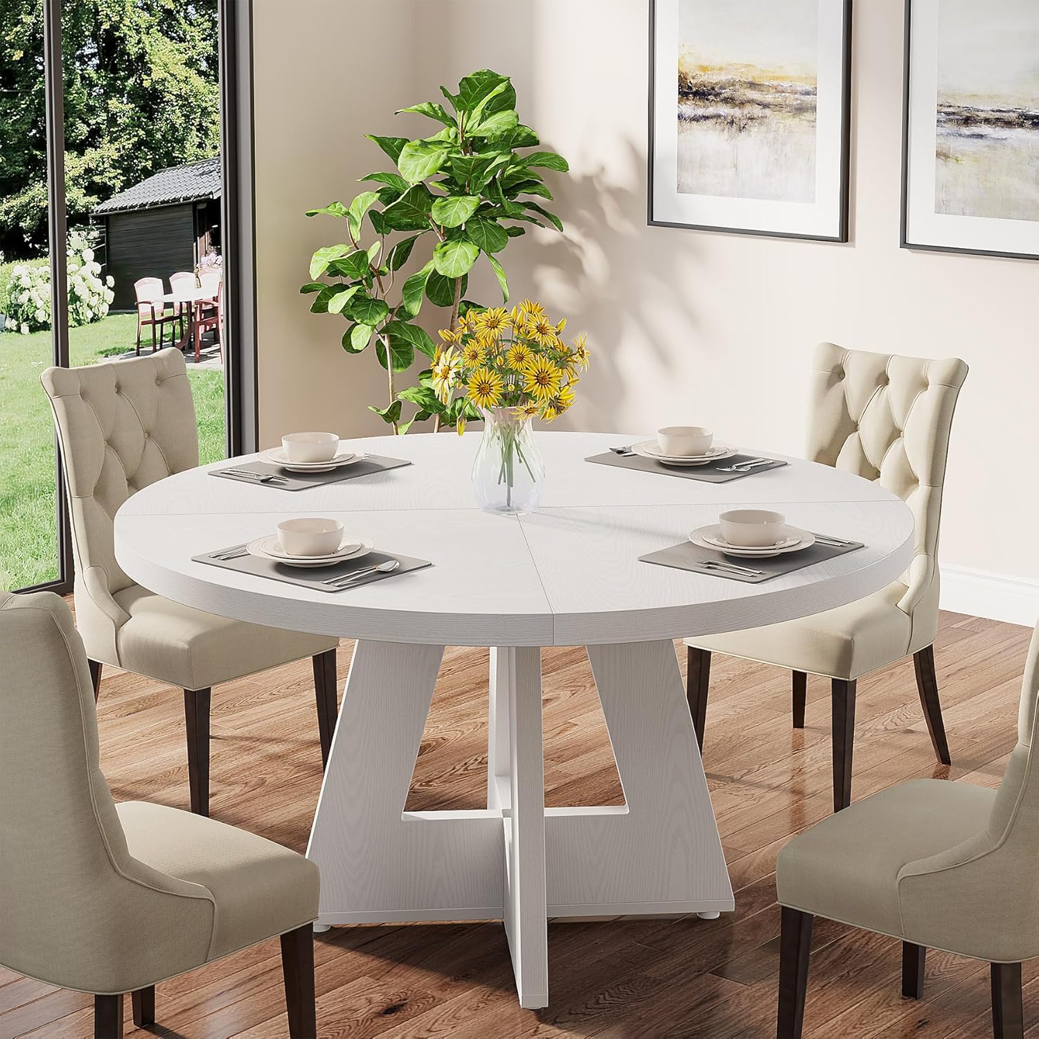 47-Inch Round Dining Table - Wood Kitchen Table for Dining Room and Living Room