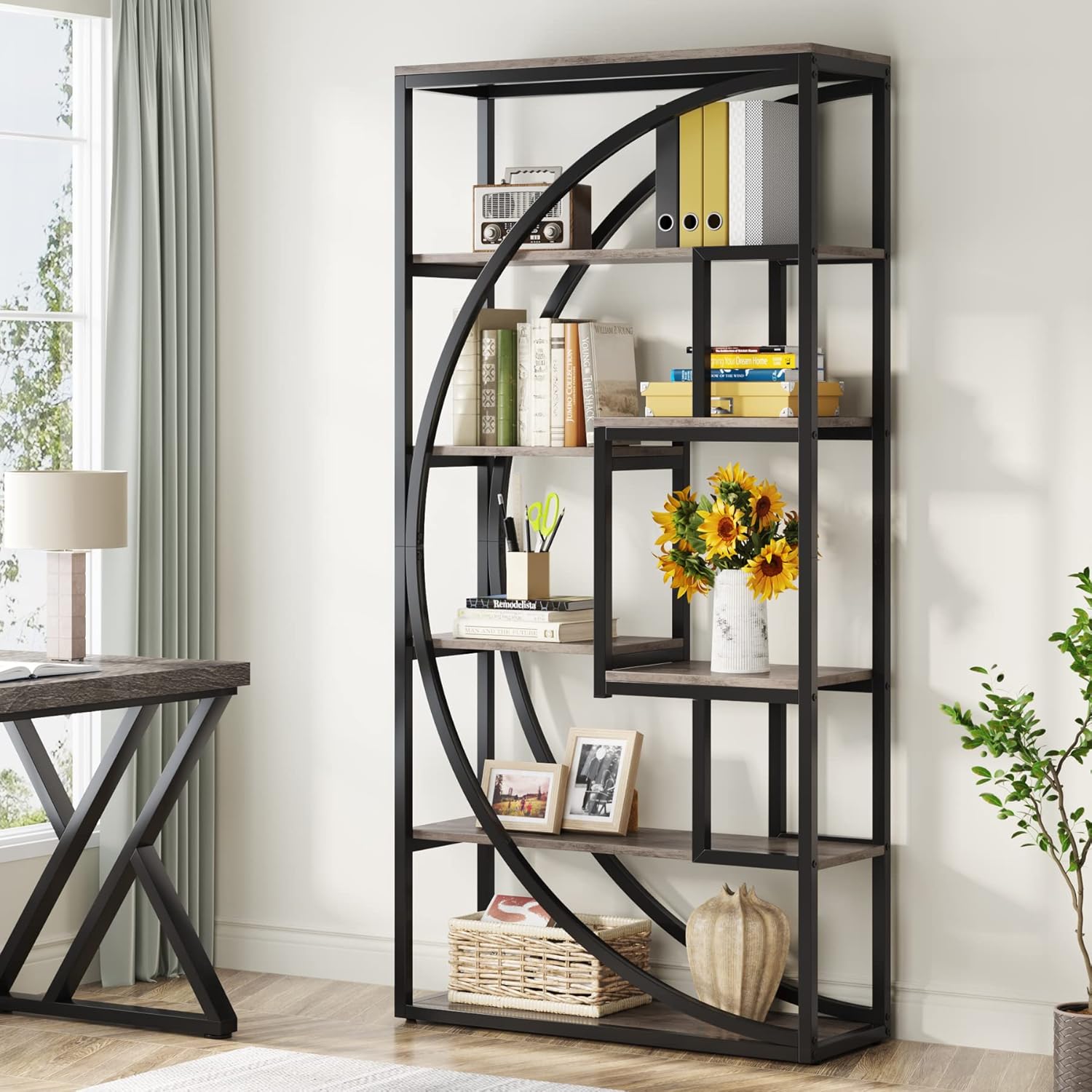 70.8" Industrial Bookshelf, 5-Tier Open Bookcase for Home Office and Living Room in Rustic Brown