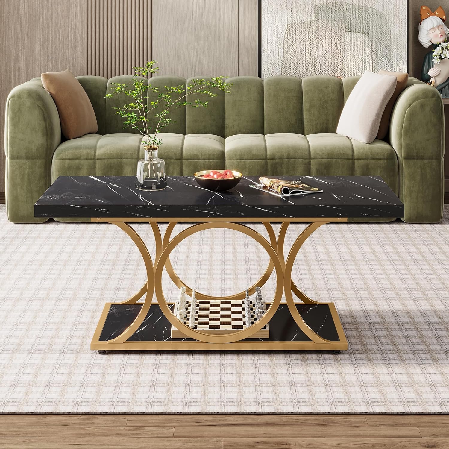 Rectangle Coffee Table, 47.24" Center Table with Faux Marble Top