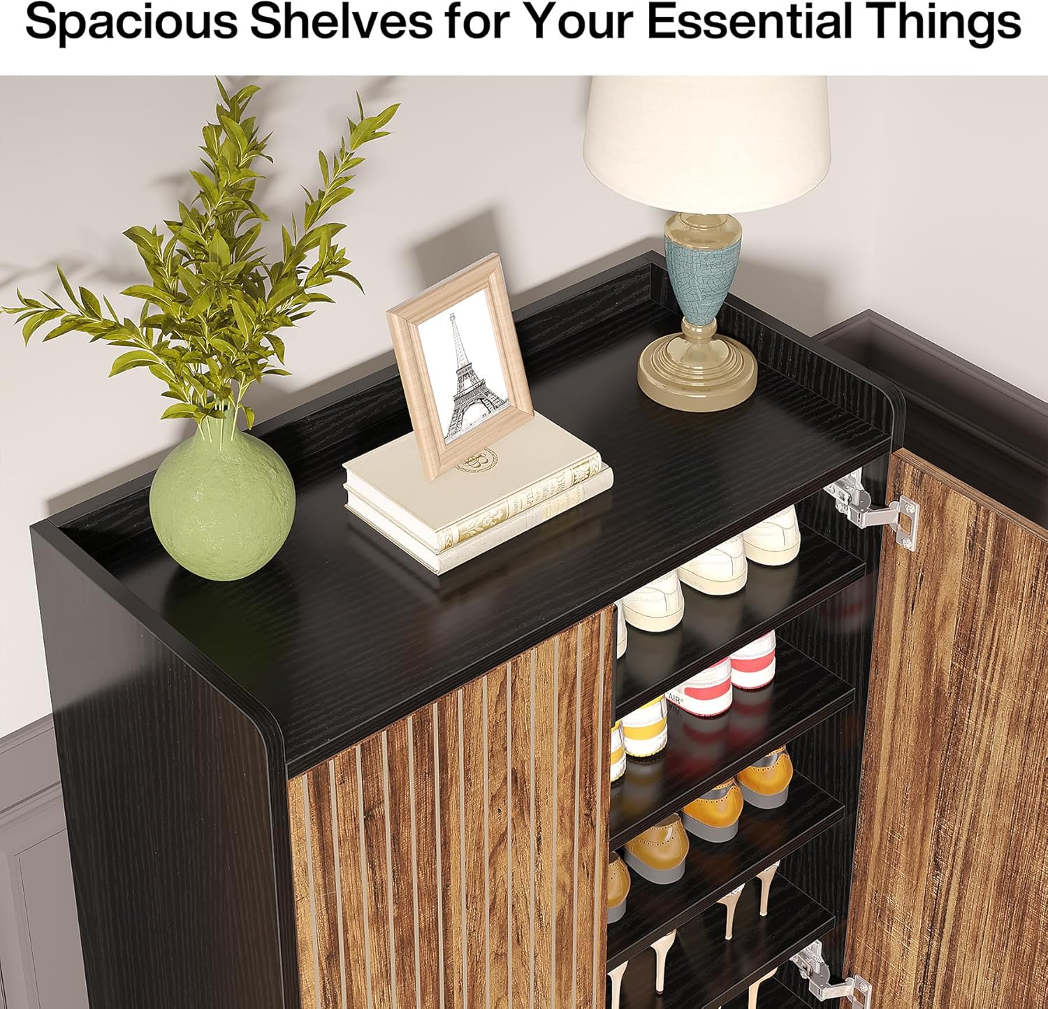 Tribesigns White 5-Tier Freestanding Wood Shoes Cabinet with Gold Metal Frame