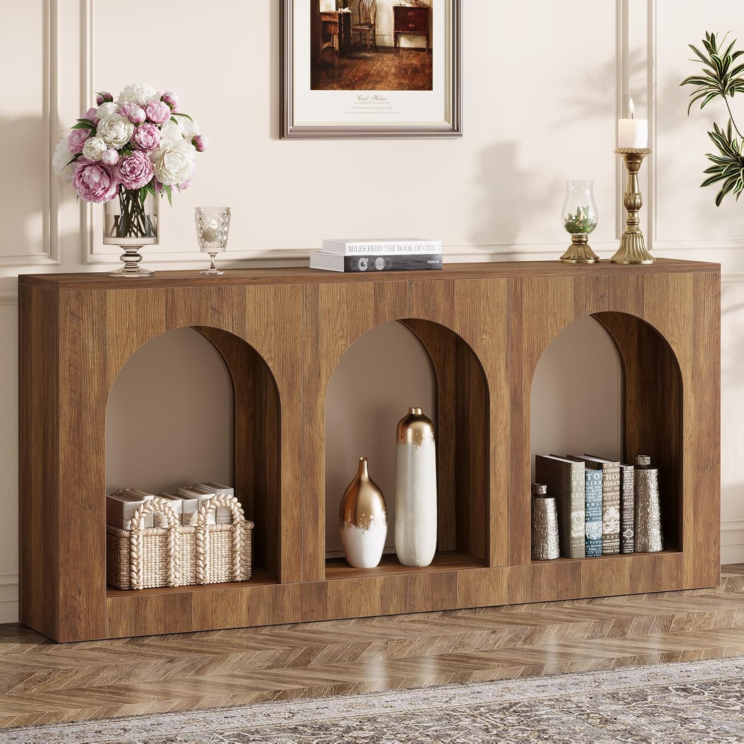 Tribesigns 63'' Rustic Console Table, Narrow Entryway Table with 3 Arched Shelves