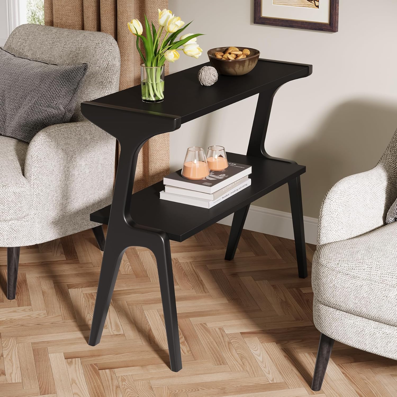 2-Tier End Table, Slim Sofa Side Table with Storage Shelf
