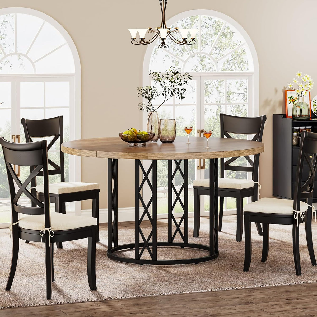Tribesigns 47-Inch Round Dining Table for 4, Light Oak Kitchen Table with Sturdy Metal Base