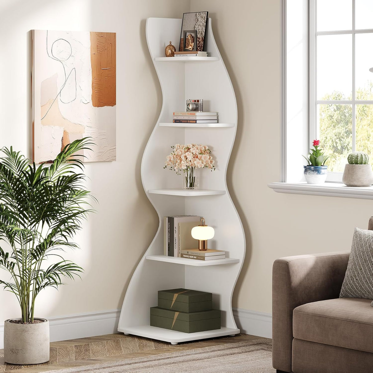 69.9" Tall Corner Shelf, 5-Tier Wavy Display Shelf for Plants & Decor