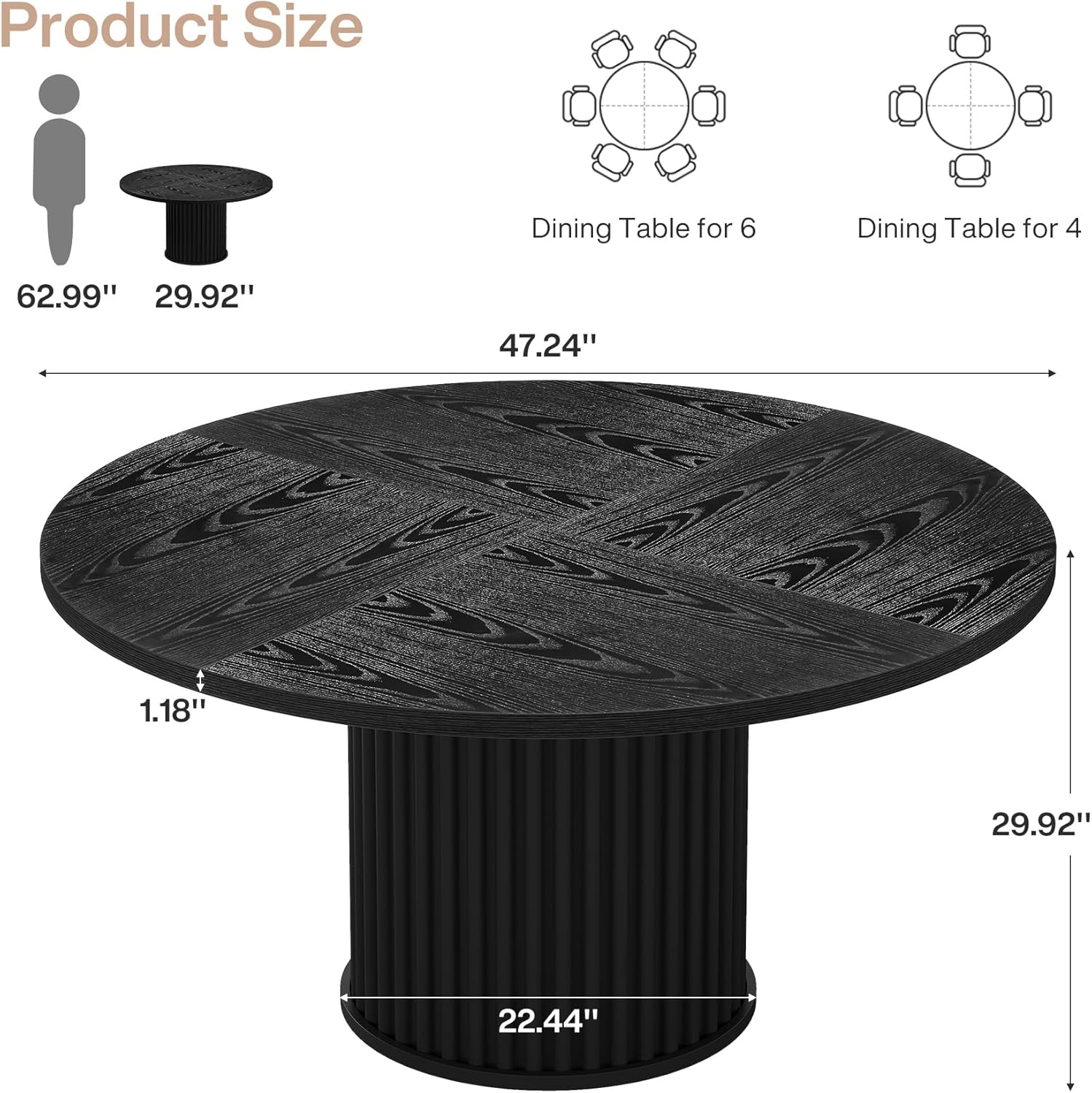 47" Round Dining Table for 4–6 People, Modern Farmhouse Kitchen Table with Fluted Pedestal Base