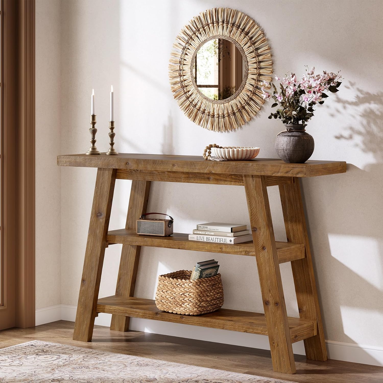 47.24" Solid Wood Farmhouse Console Table, 3-Tier Shelf Entryway Table for Hallway & Living Room