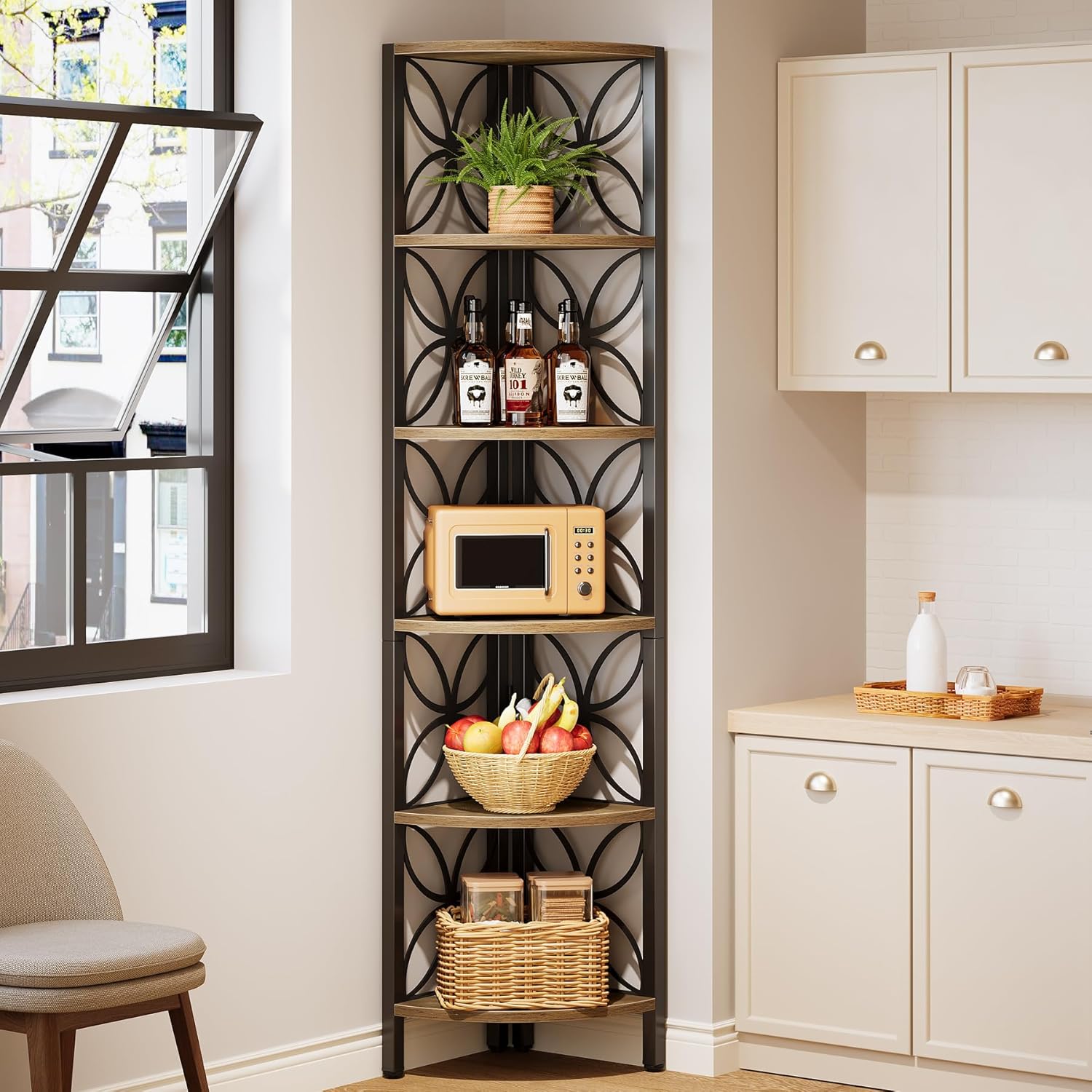 70.9" Industrial Rustic 6-Tier Corner Bookshelf, Display Shelf for Living Room & Small Spaces