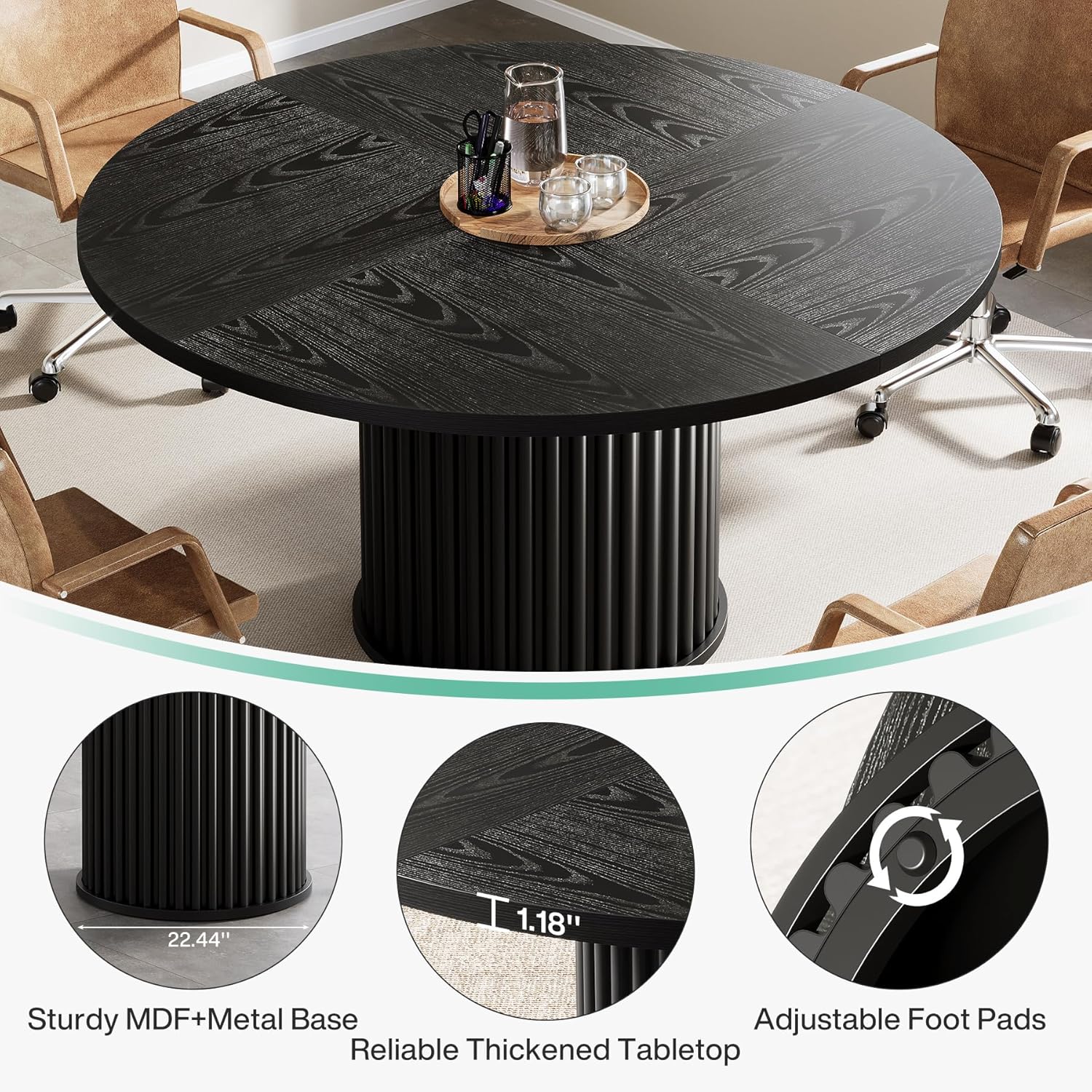 47" Round Conference Table for 4–6 People, Black Meeting Table with Sturdy Metal Base
