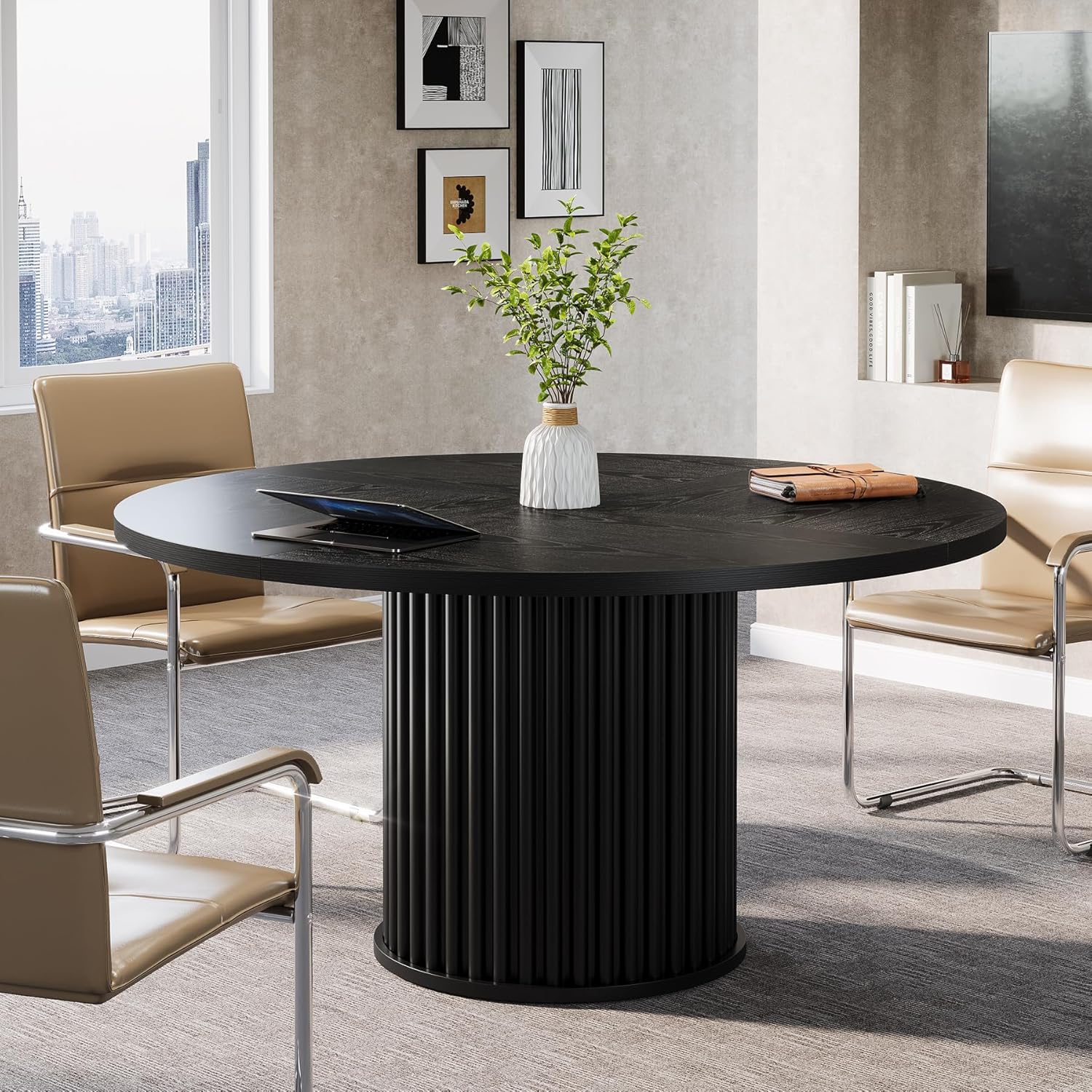 47" Round Conference Table for 4–6 People, Black Meeting Table with Sturdy Metal Base