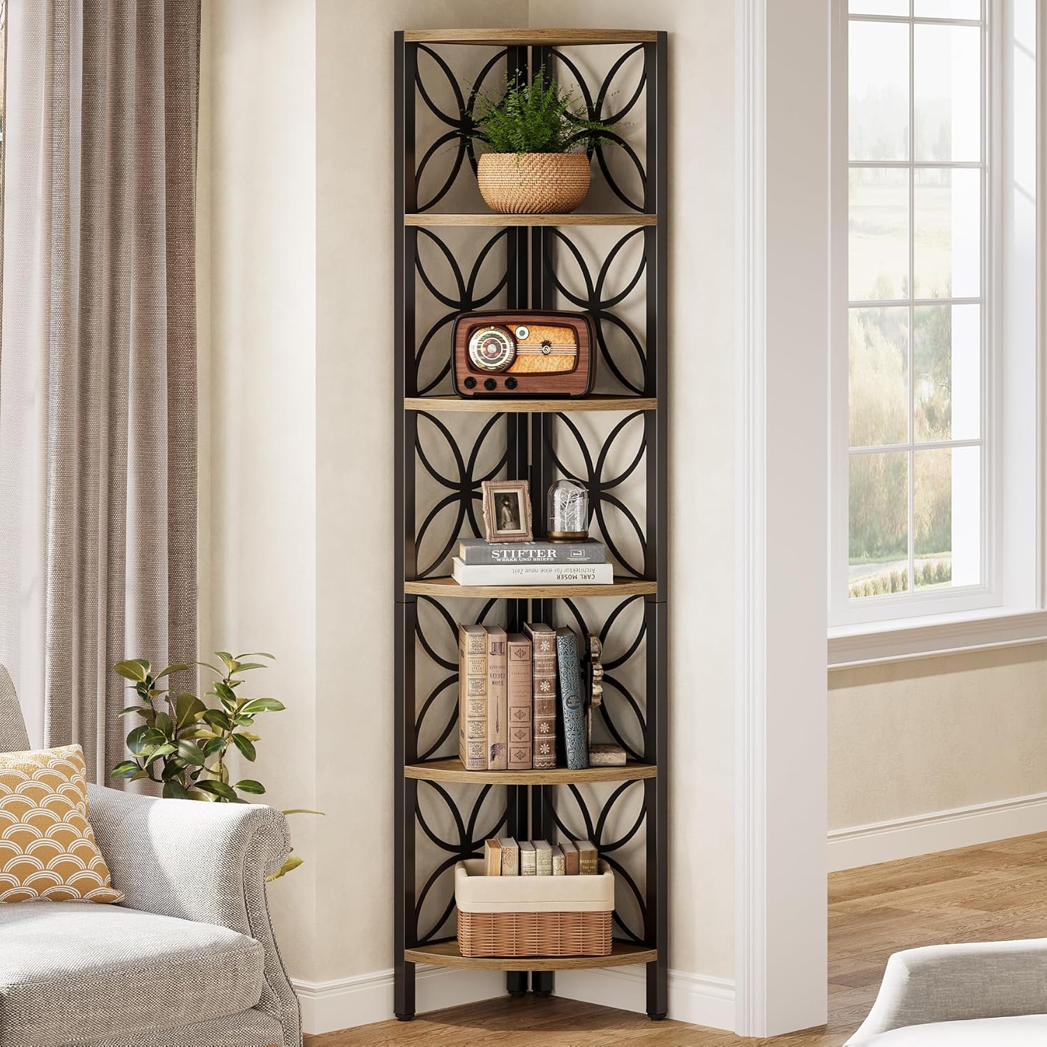 70.9" Industrial Rustic 6-Tier Corner Bookshelf, Display Shelf for Living Room & Small Spaces