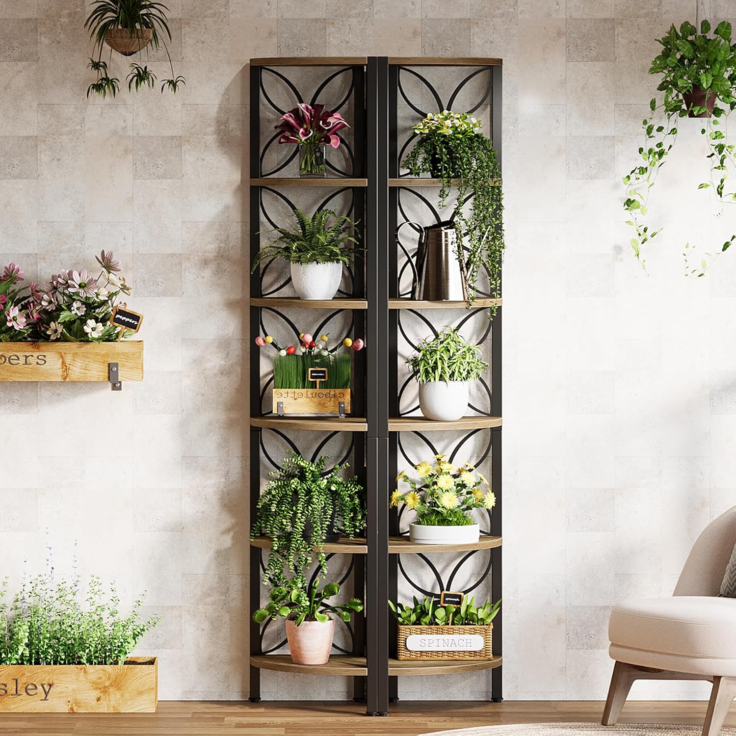 70.9" Industrial Rustic 6-Tier Corner Bookshelf, Display Shelf for Living Room & Small Spaces