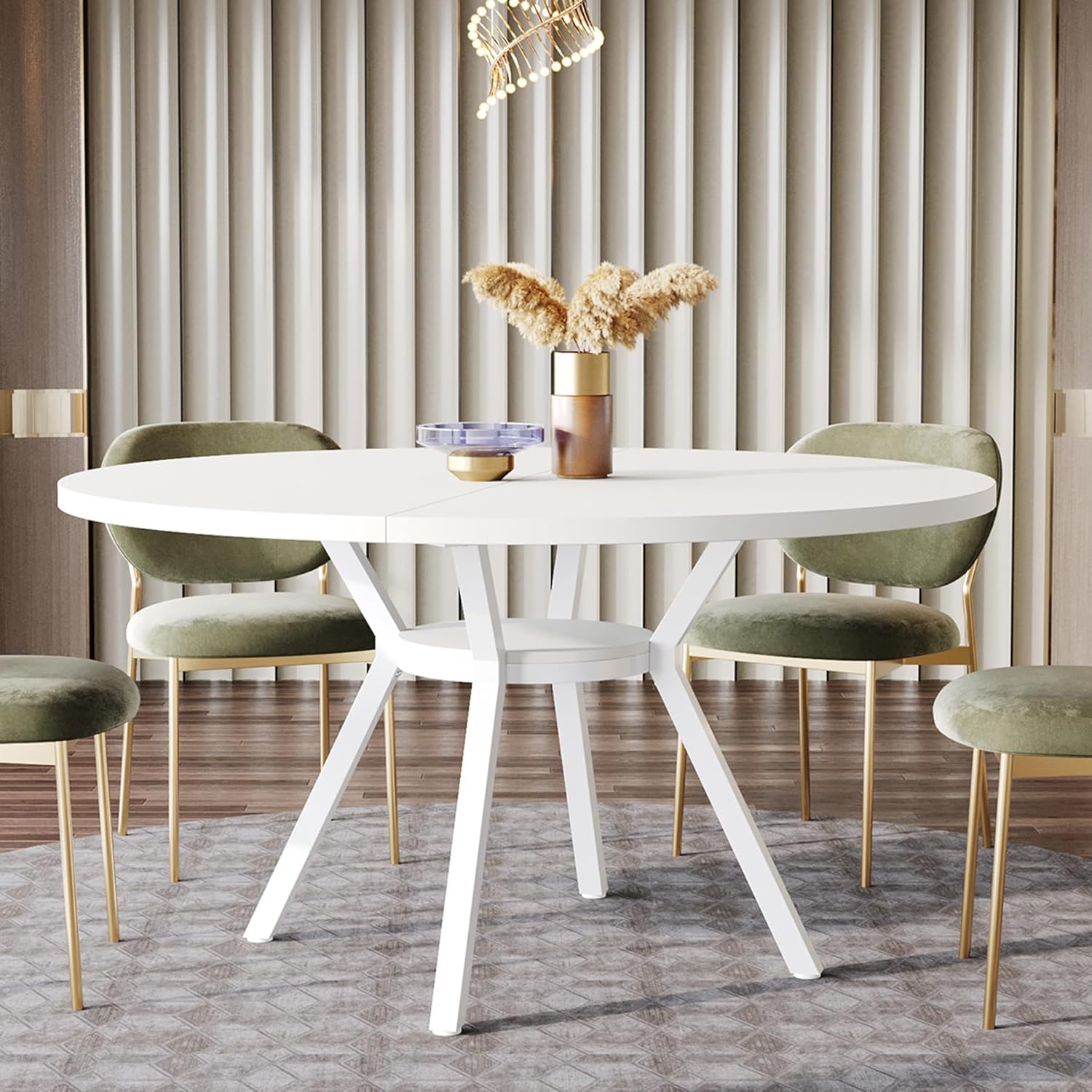 Tribesigns 47 Inch Round Dining Table, Modern White Kitchen Table for 6-8 People with Metal Legs for Dining Room