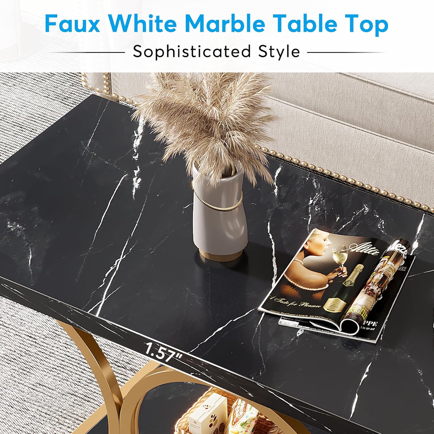 Rectangle Coffee Table, 47.24" Center Table with Faux Marble Top