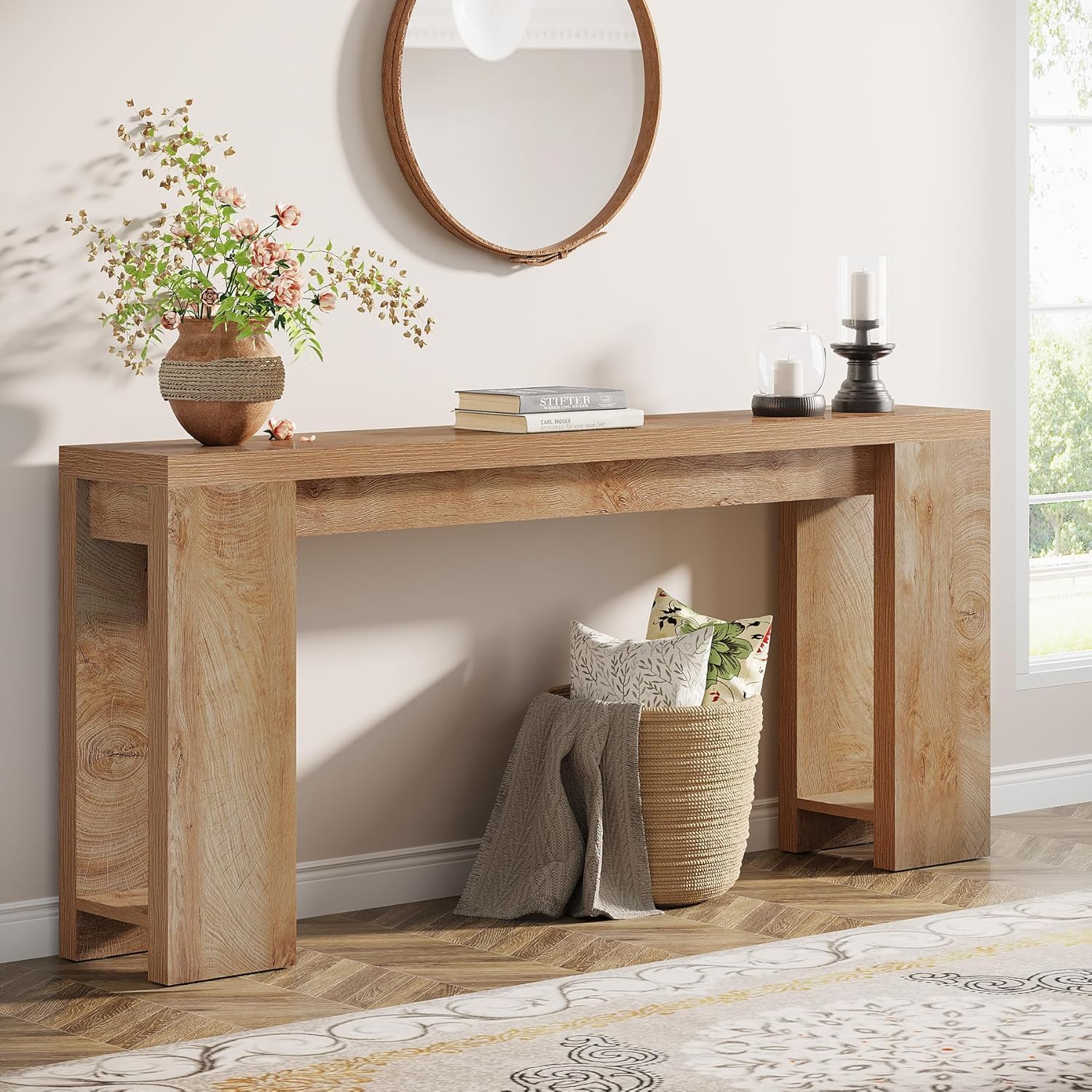 63 Inch Extra Long Console Table, Farmhouse Wood Sofa Table Behind Couch