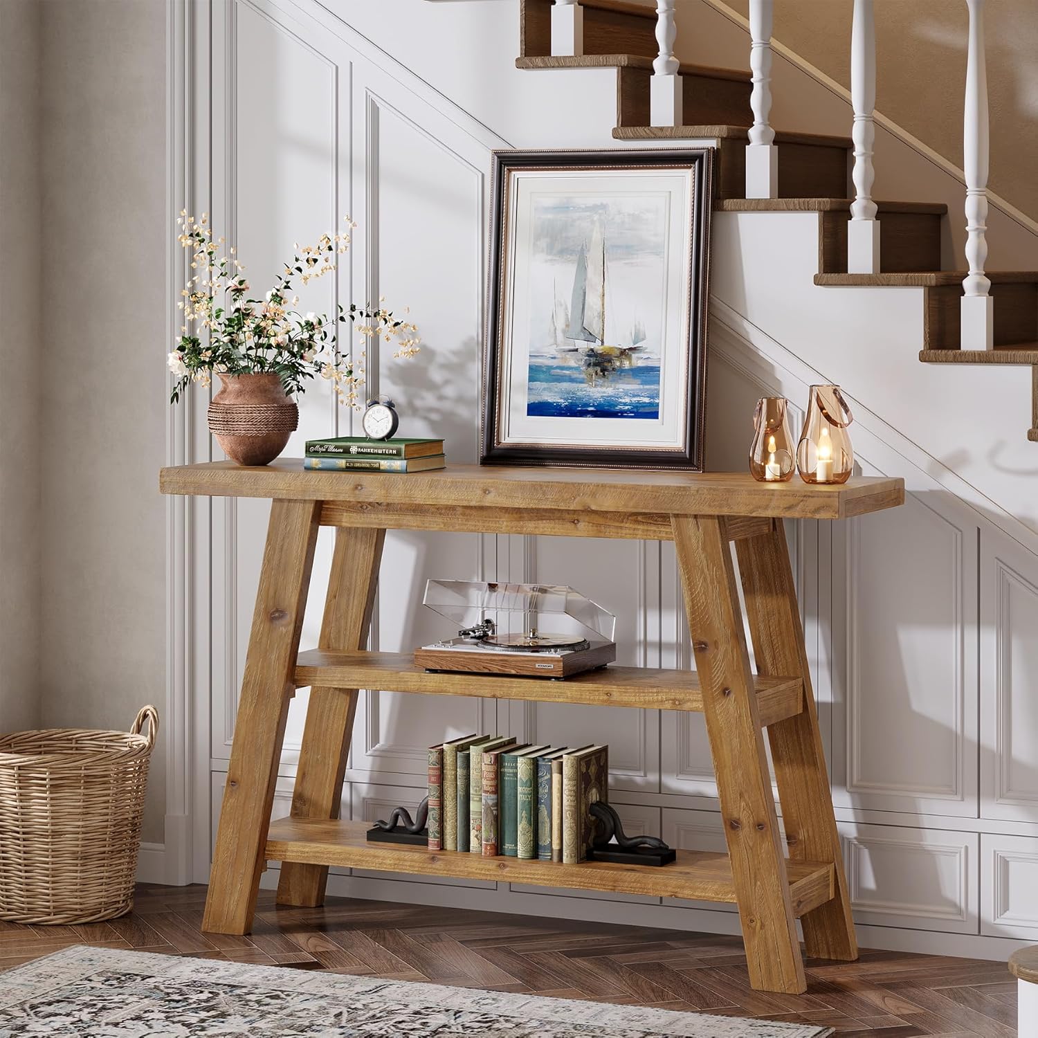 47.24" Solid Wood Farmhouse Console Table, 3-Tier Shelf Entryway Table for Hallway & Living Room