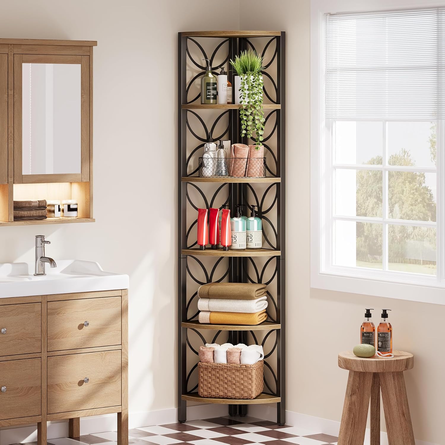 70.9" Industrial Rustic 6-Tier Corner Bookshelf, Display Shelf for Living Room & Small Spaces