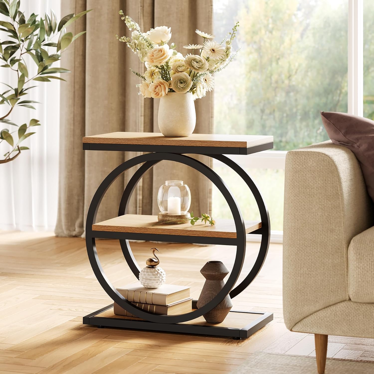 3-Tier End Table, Industrial Sofa Side Table with Round Metal Frame