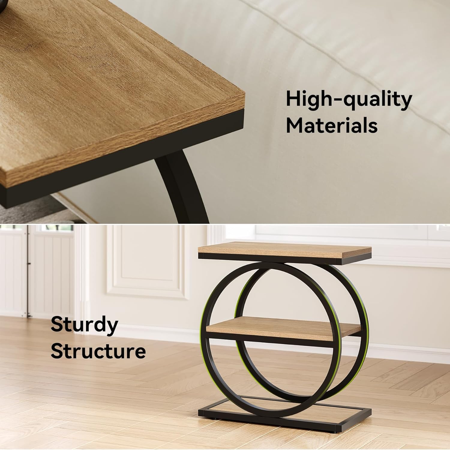 3-Tier End Table, Industrial Sofa Side Table with Round Metal Frame