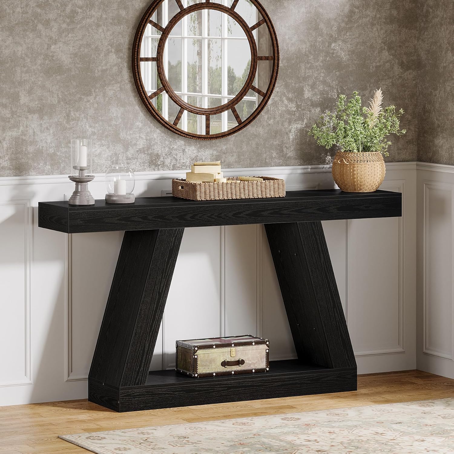 55-Inch Farmhouse Console Table, Rustic Wooden Sofa Table with Storage