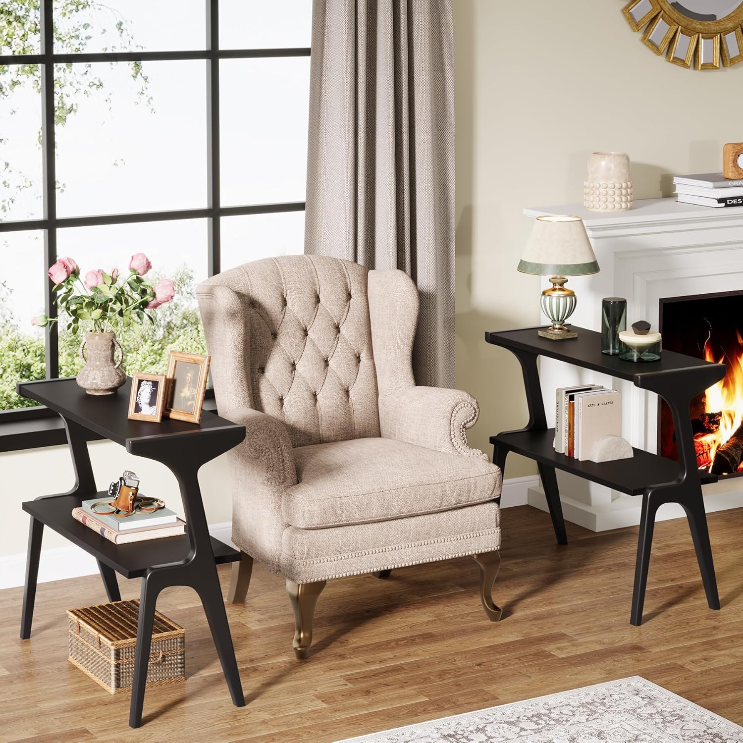 2-Tier End Table, Slim Sofa Side Table with Storage Shelf