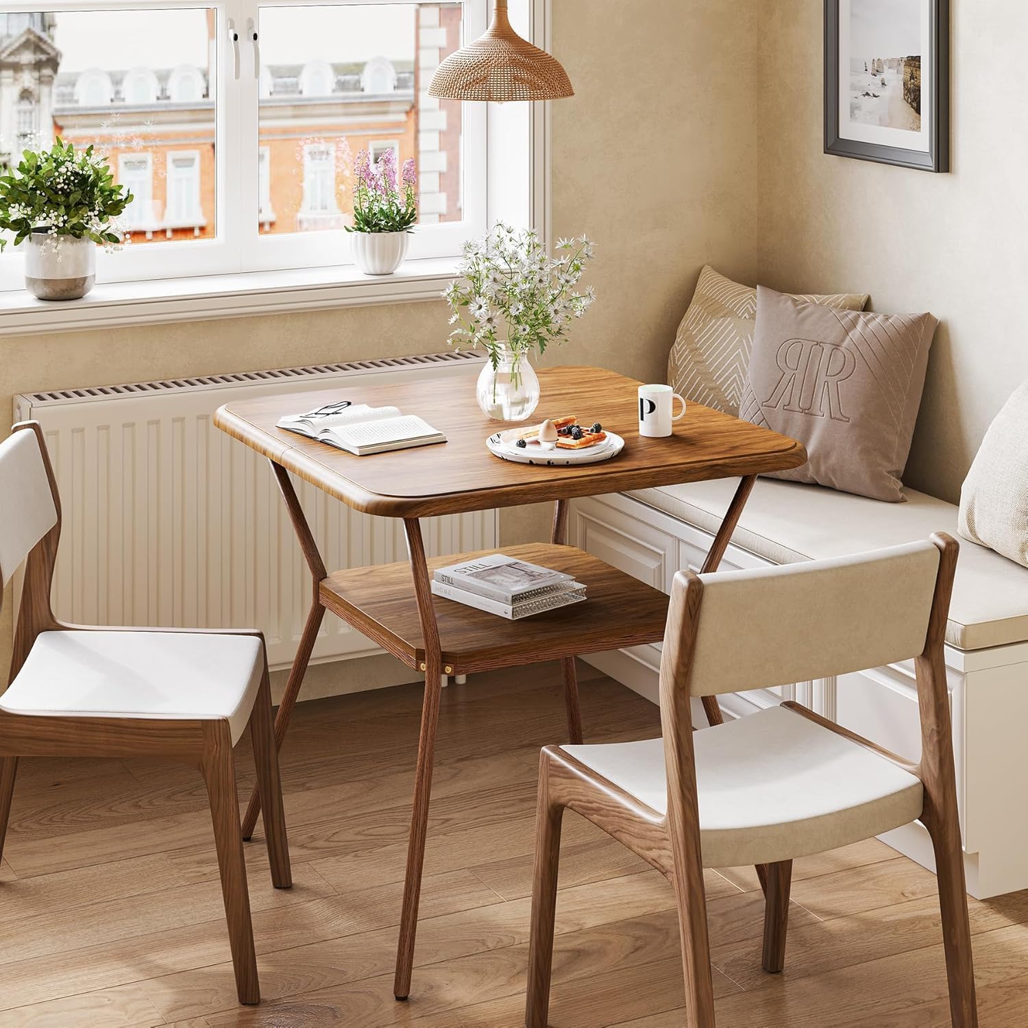 31.5" Square Dining Table, 2-Tier Compact Table for Dining Room and Office in Walnut