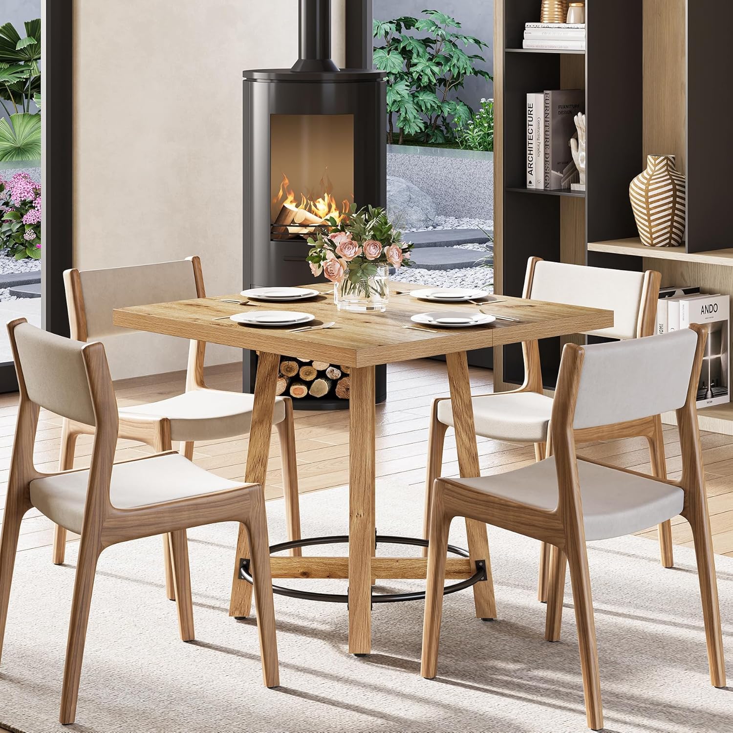 Mid-Century Square Dining Table, Compact Brown & Black Kitchen Table for 2-4