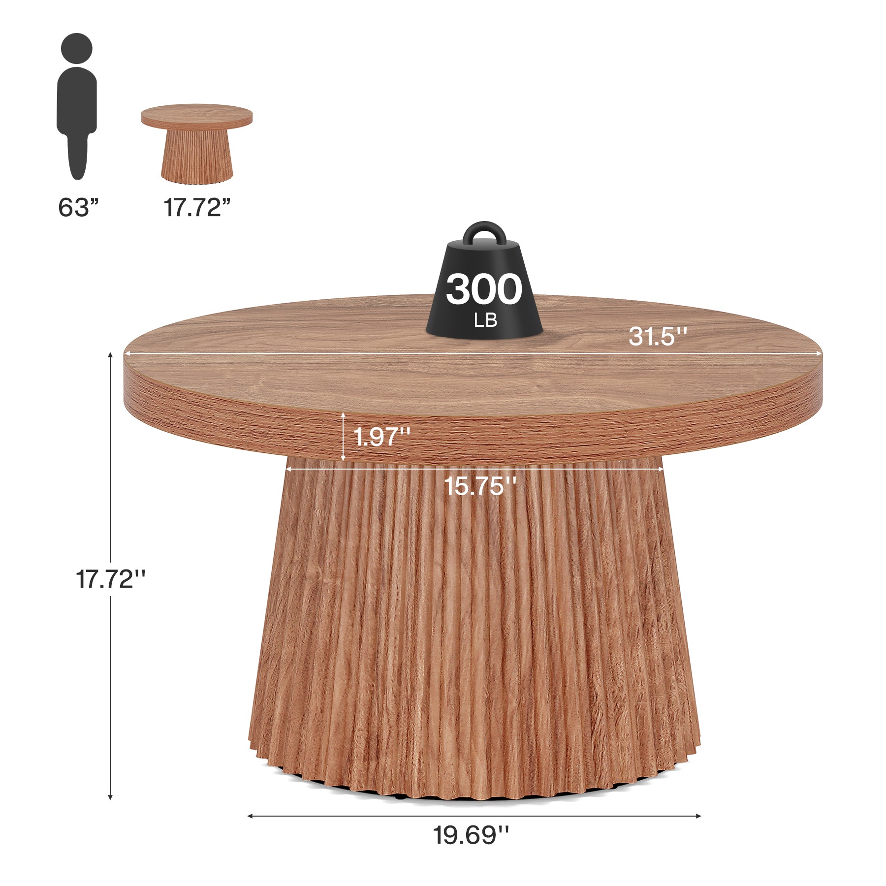 31.5" Round Fluted Coffee Table - Minimalist Wood Grain Center Piece for Small Spaces