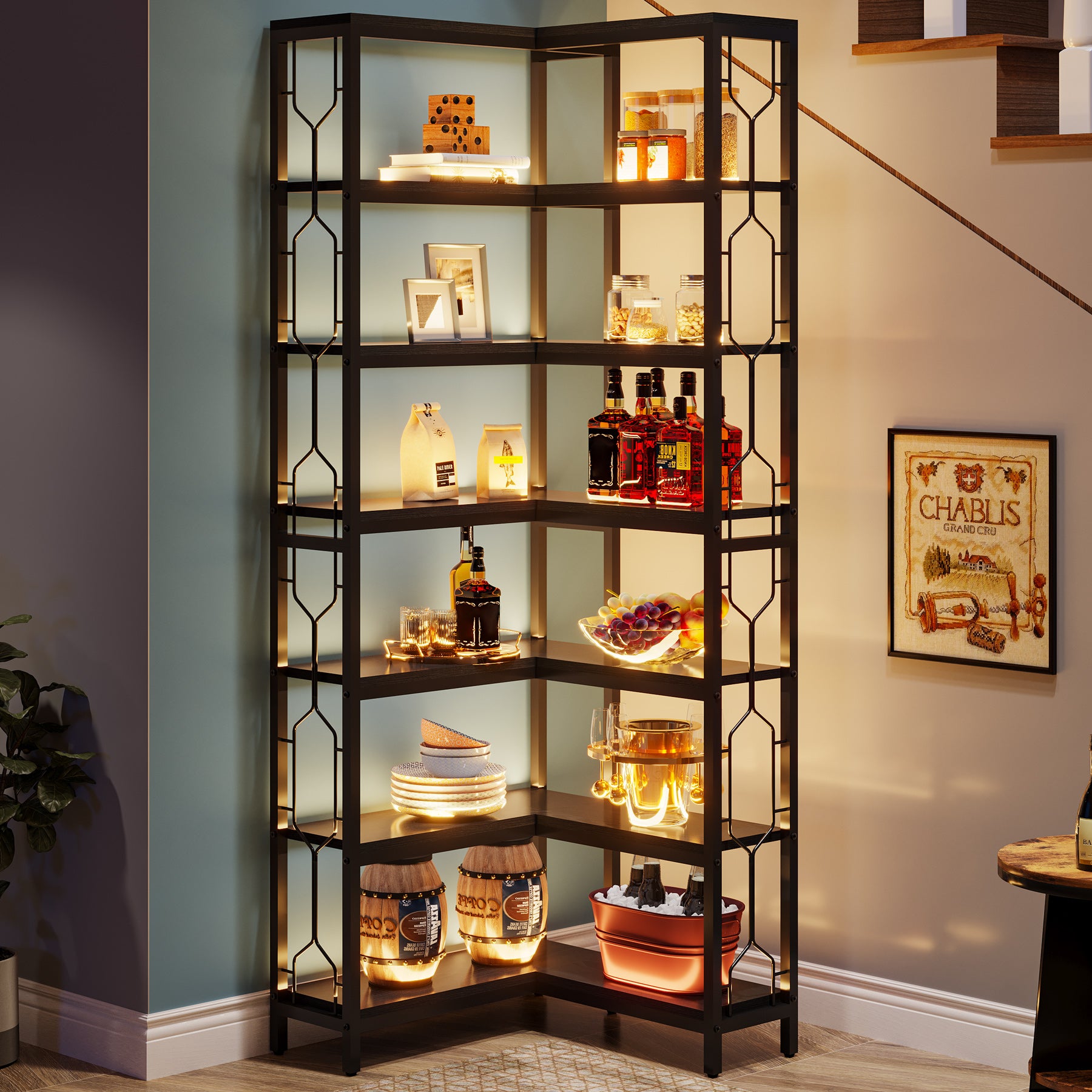78.7-Inch 7-Tier Corner Bookcase with Hexagon-Pattern Side Panels, Tall Display Unit for Living Room