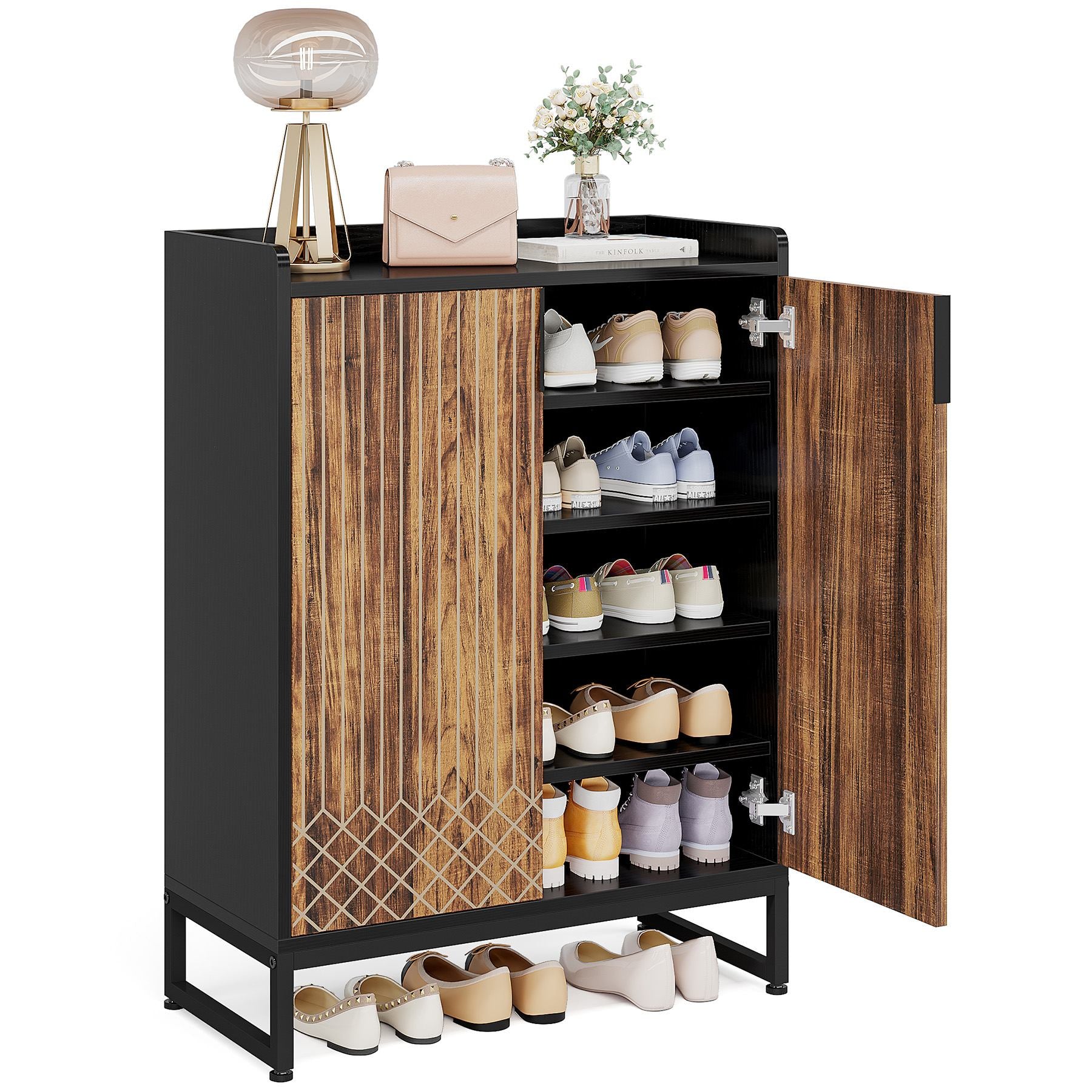 Tribesigns White 5-Tier Freestanding Wood Shoes Cabinet with Gold Metal Frame