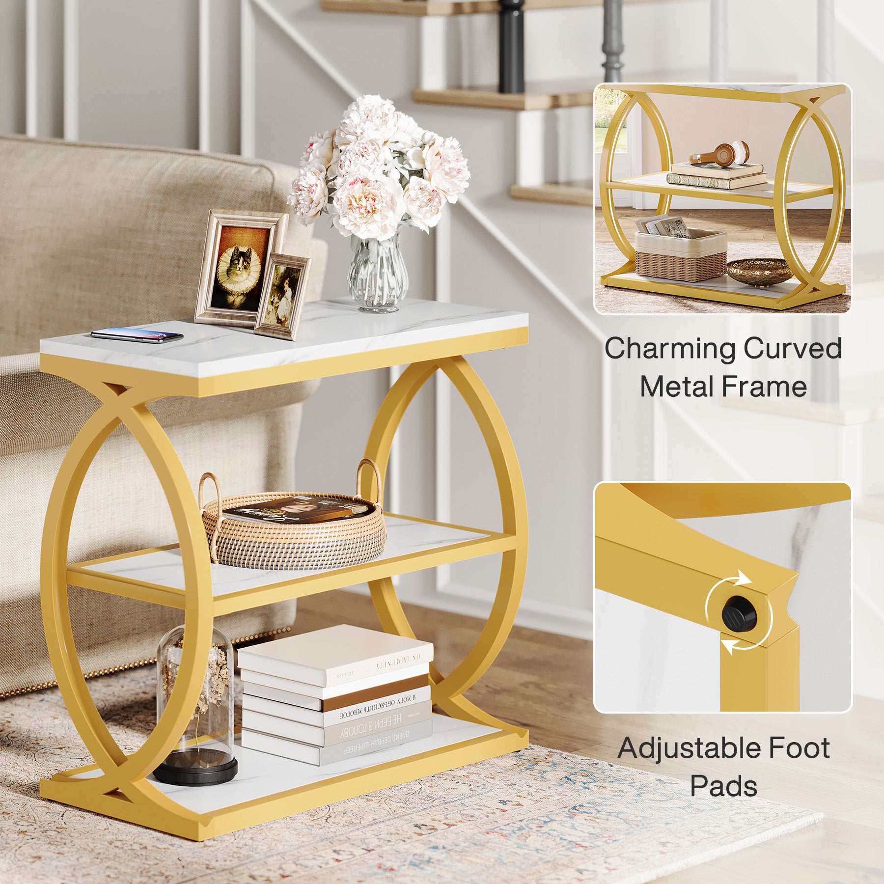 23.62" Rustic Brown Narrow End Table, 3-Tier Industrial Wood & Metal Side Table for Small Space