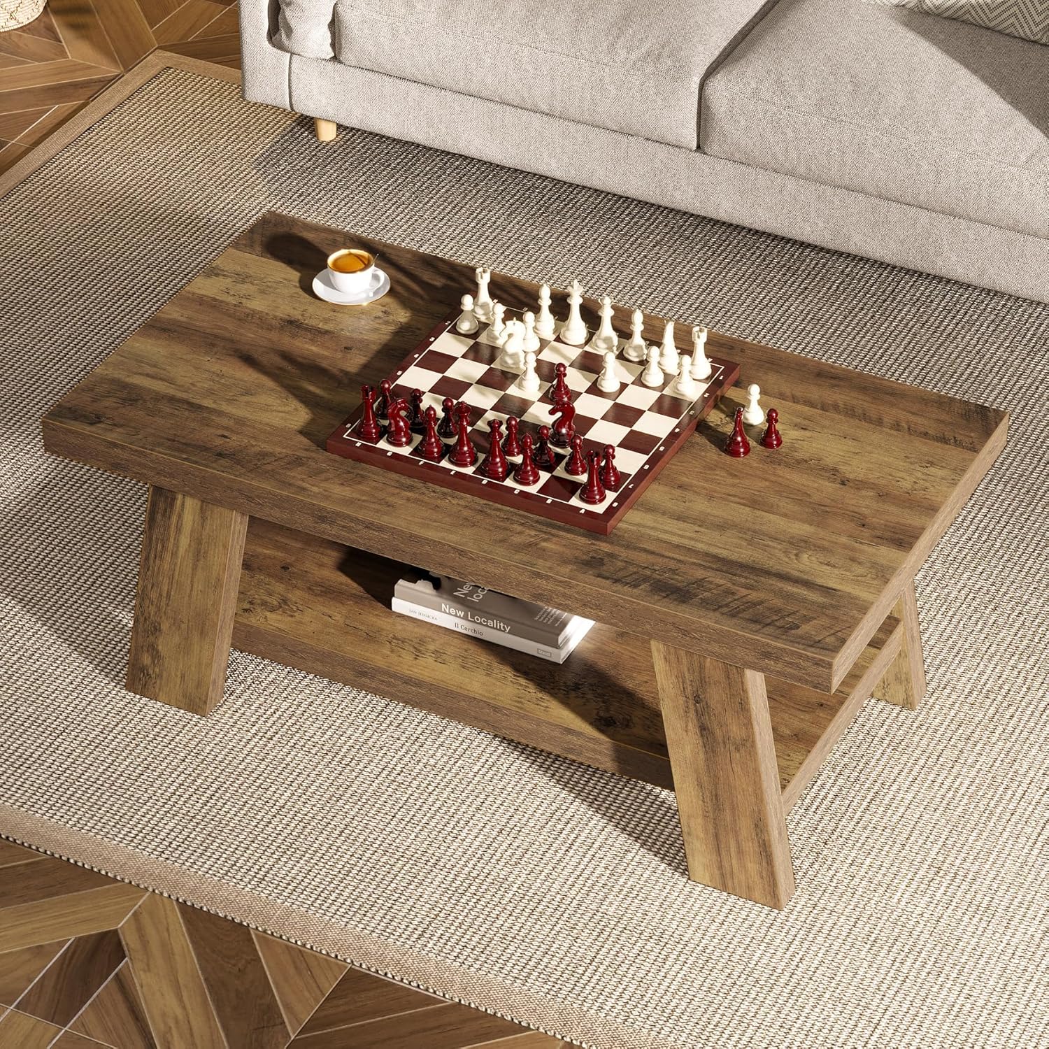 47" Rustic Farmhouse Coffee Table - 2-Tier Rectangular Storage Center Table for Living Room