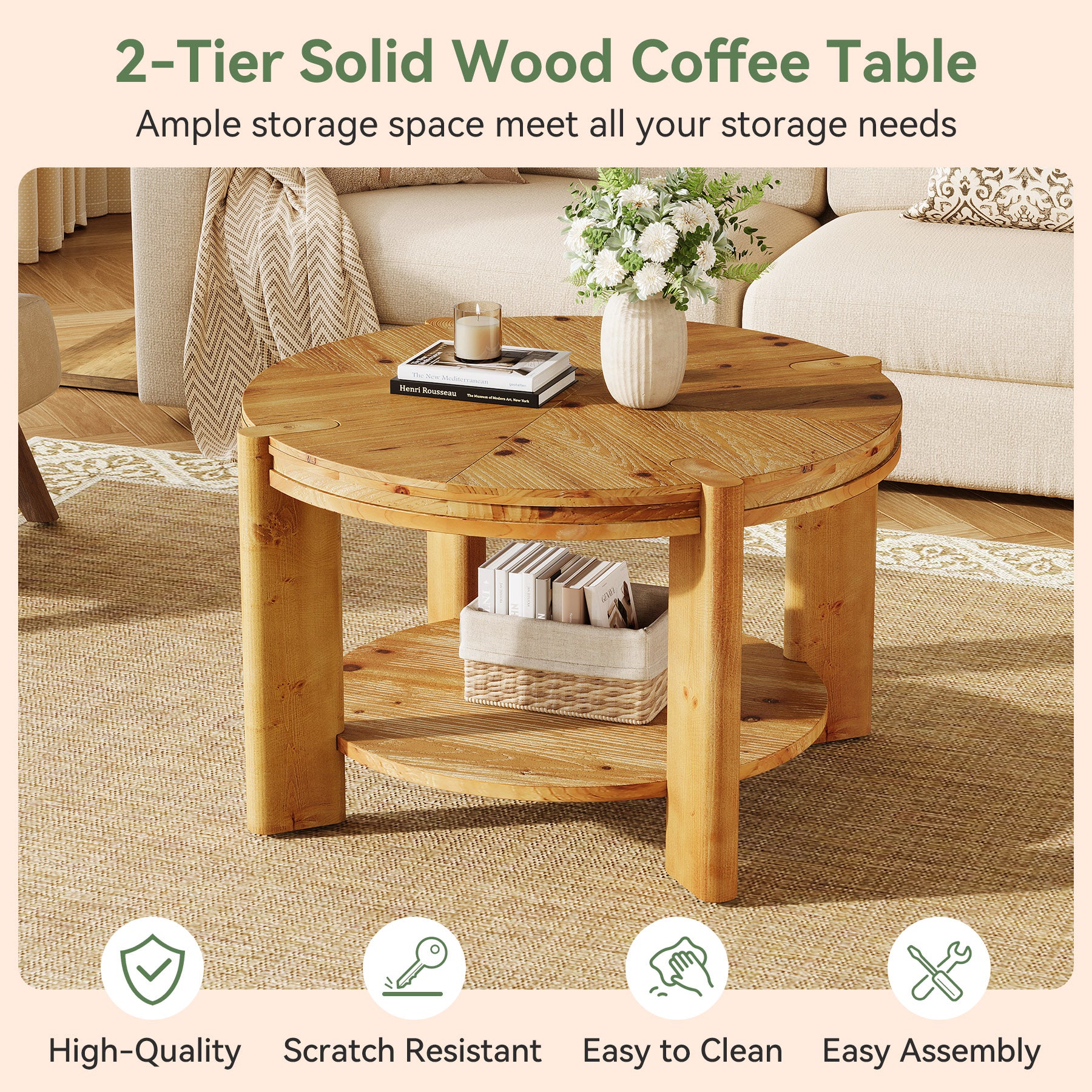29.5 Inch Solid Wood Round Coffee Table, Farmhouse 2-Tier Circle Center Table with Open Storage Shelf for Living Room Apartment