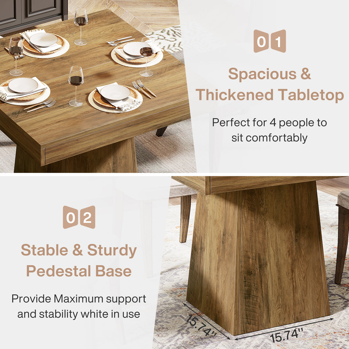Tribesigns 31.5-Inch Square Dining Table for 4 with Pedestal Base, Farmhouse Kitchen Table