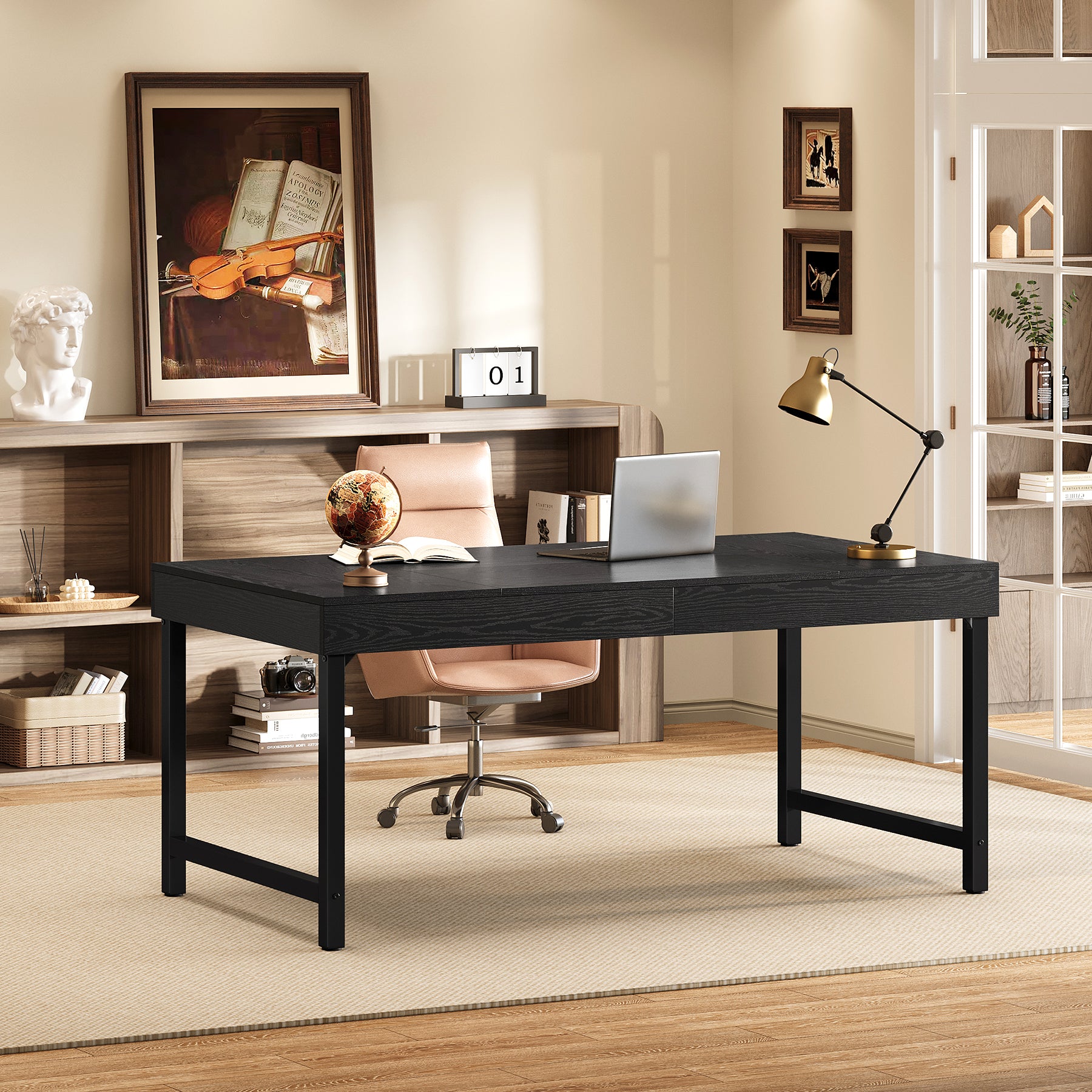 55" Industrial Executive Desk - Rustic Office Desk with Metal Legs, Study & Conference Workstation