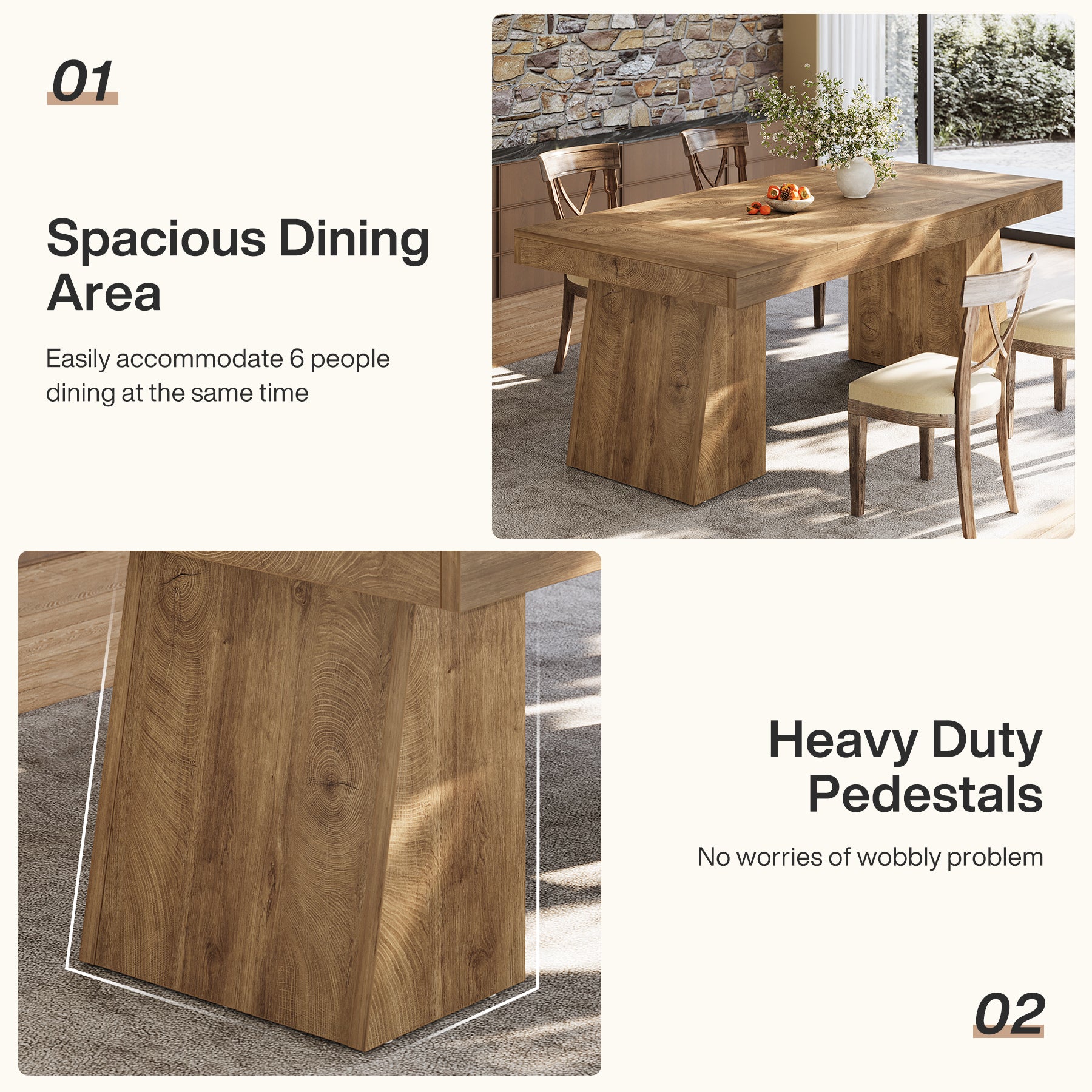 Tribesigns 55-Inch Dining Table for 4-6 People, Rectangular Farmhouse Kitchen Table with Double Pedestal Base