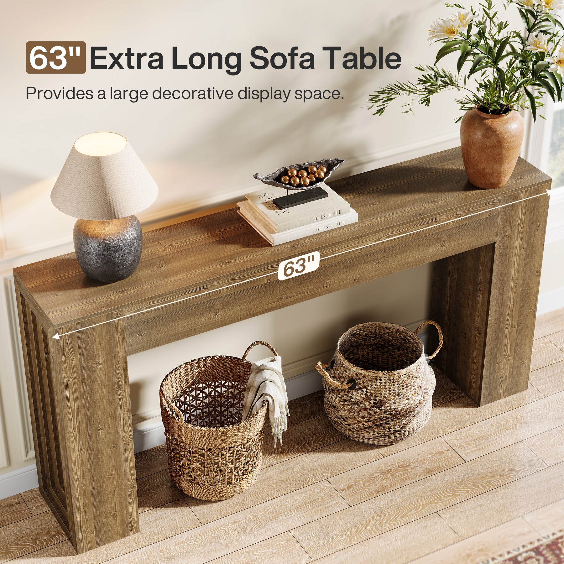 63" Farmhouse Console Table, Narrow Sofa Table with Natural Brown Finish for Entryway