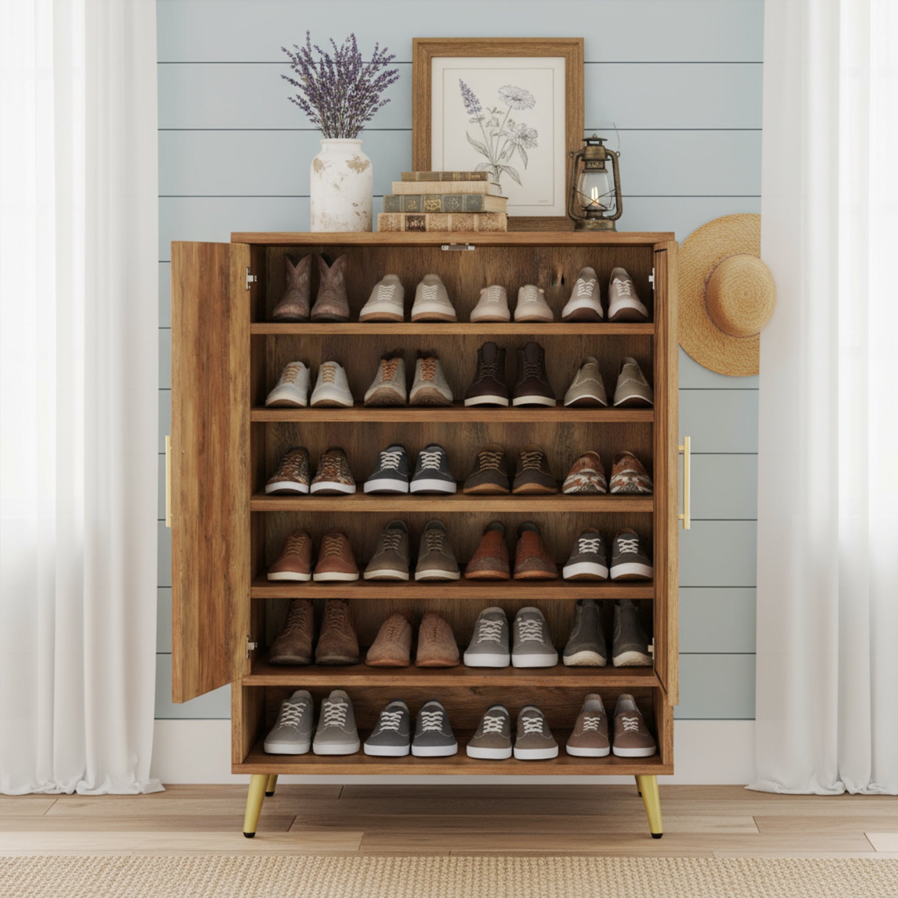 6-Tier Adjustable Shoe Cabinet - Wooden Shoe Organizer with Storage Shelves