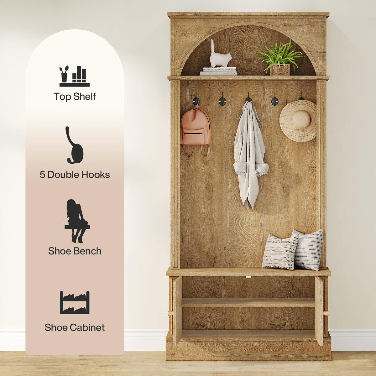 4-in-1 Hall Tree with Shoe Bench and Storage Cabinet, Entryway Coat Rack with Hooks and Top Shelf