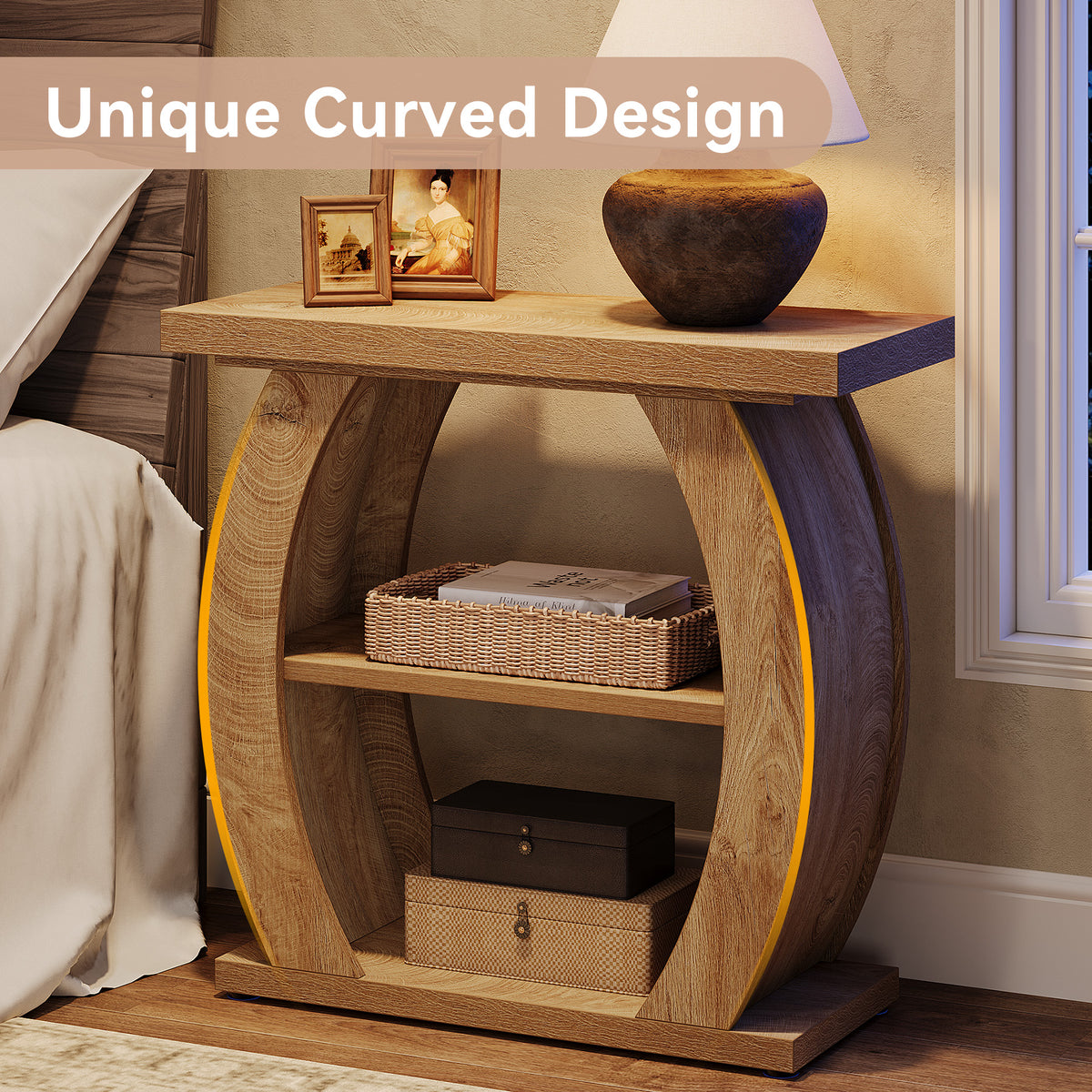 24 Inch Narrow End Table with Storage, 3 Tier Farmhouse Side Table