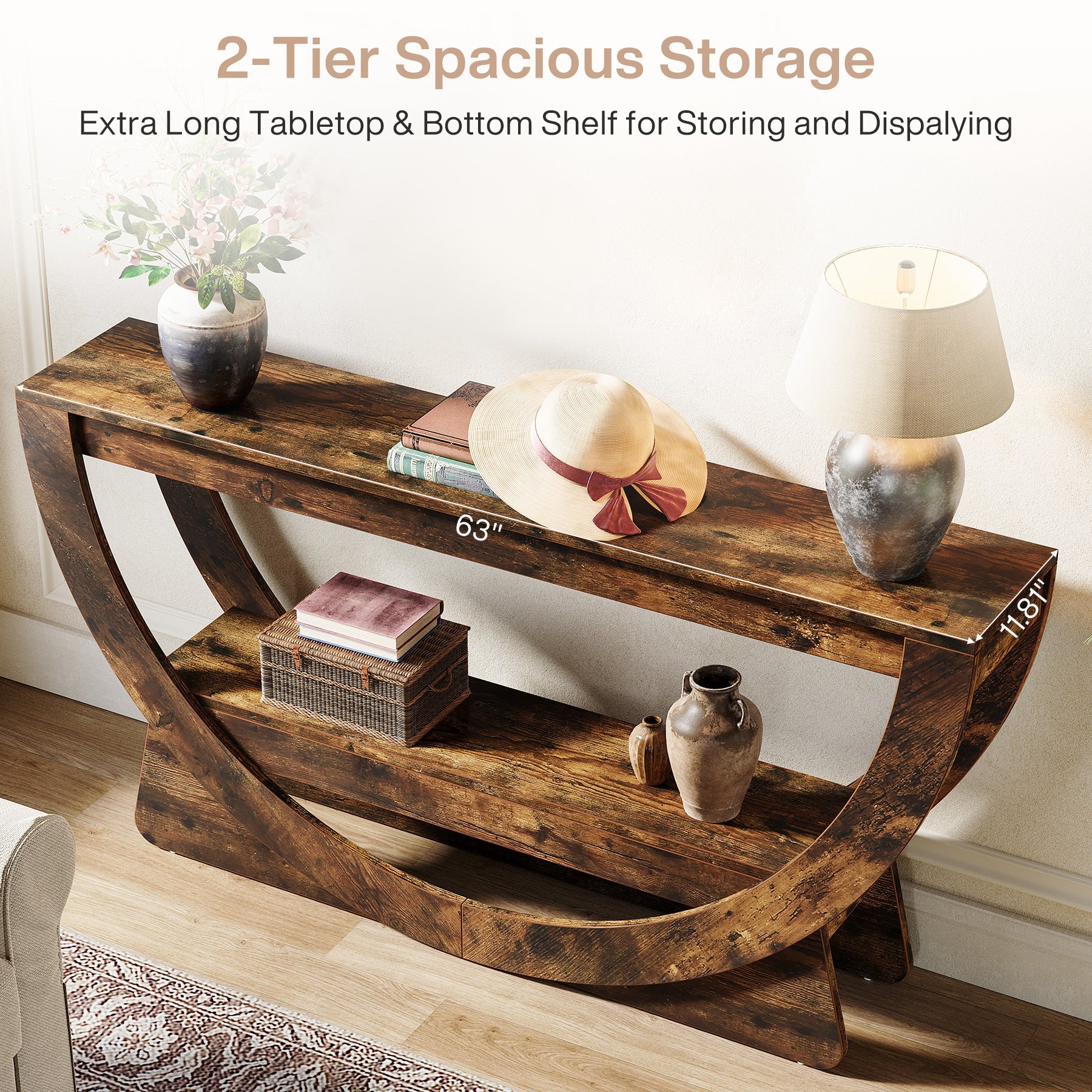 63" Console Table, 2 - Tier Entryway Table with Storage Shelves & Arched Frame Tribesigns