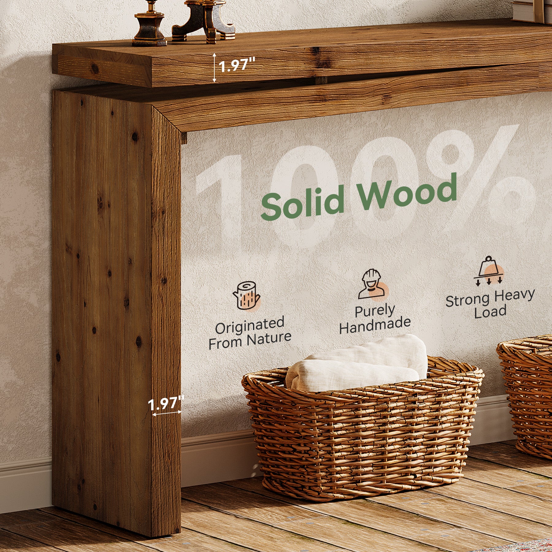 63-Inch Solid Wood Farmhouse Console Table, Long Sofa Table for Entryway