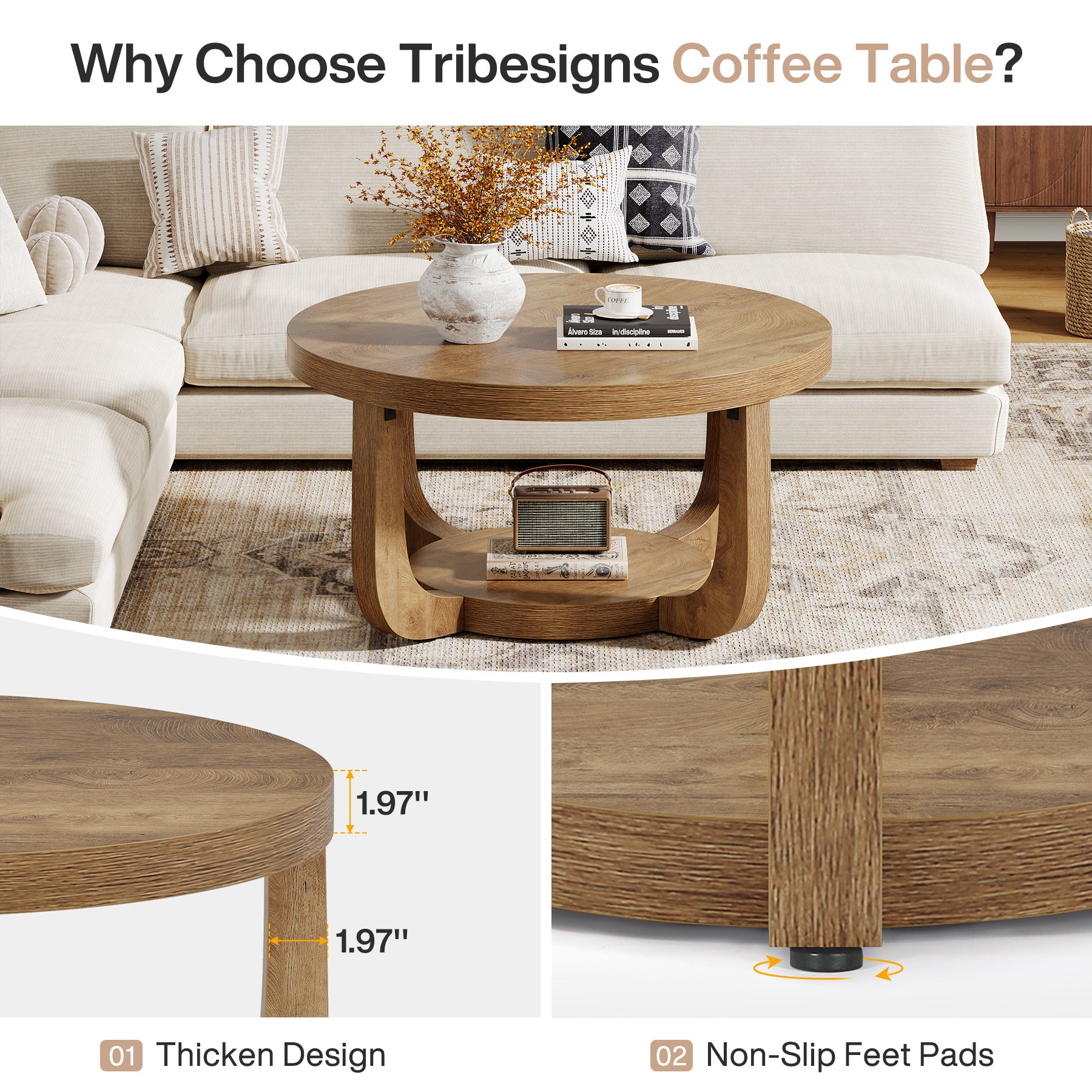 31.5" Round Coffee Table - 2-Tier Accent Center Table with Storage Shelf